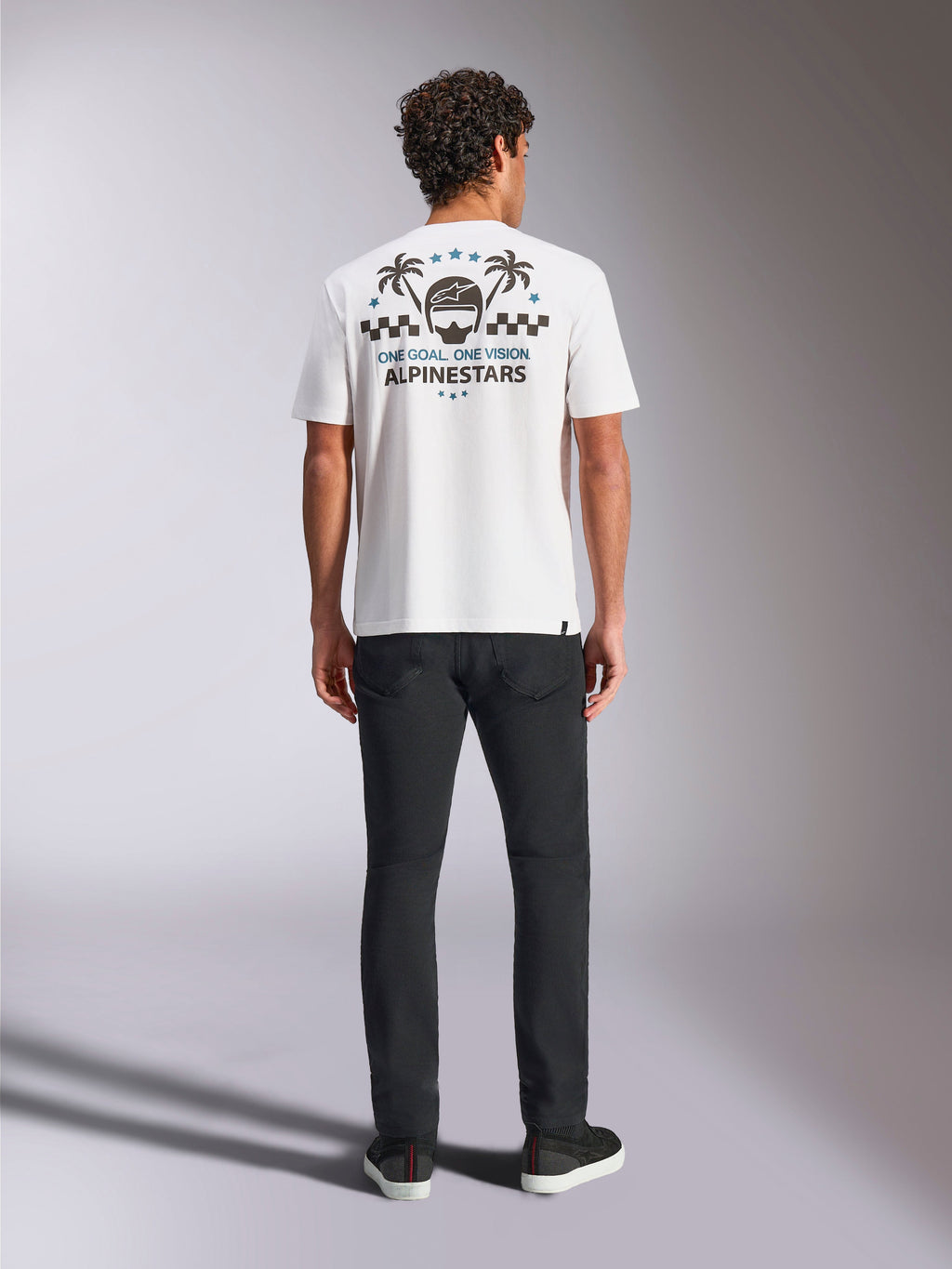 Alpinestars Order CSF Tee, Short Sleeve T-Shirt, White, Back view featuring helmet and palm trees graphic, checkered pattern, and Alpinestars branding, Casual Motorsport Sportswear