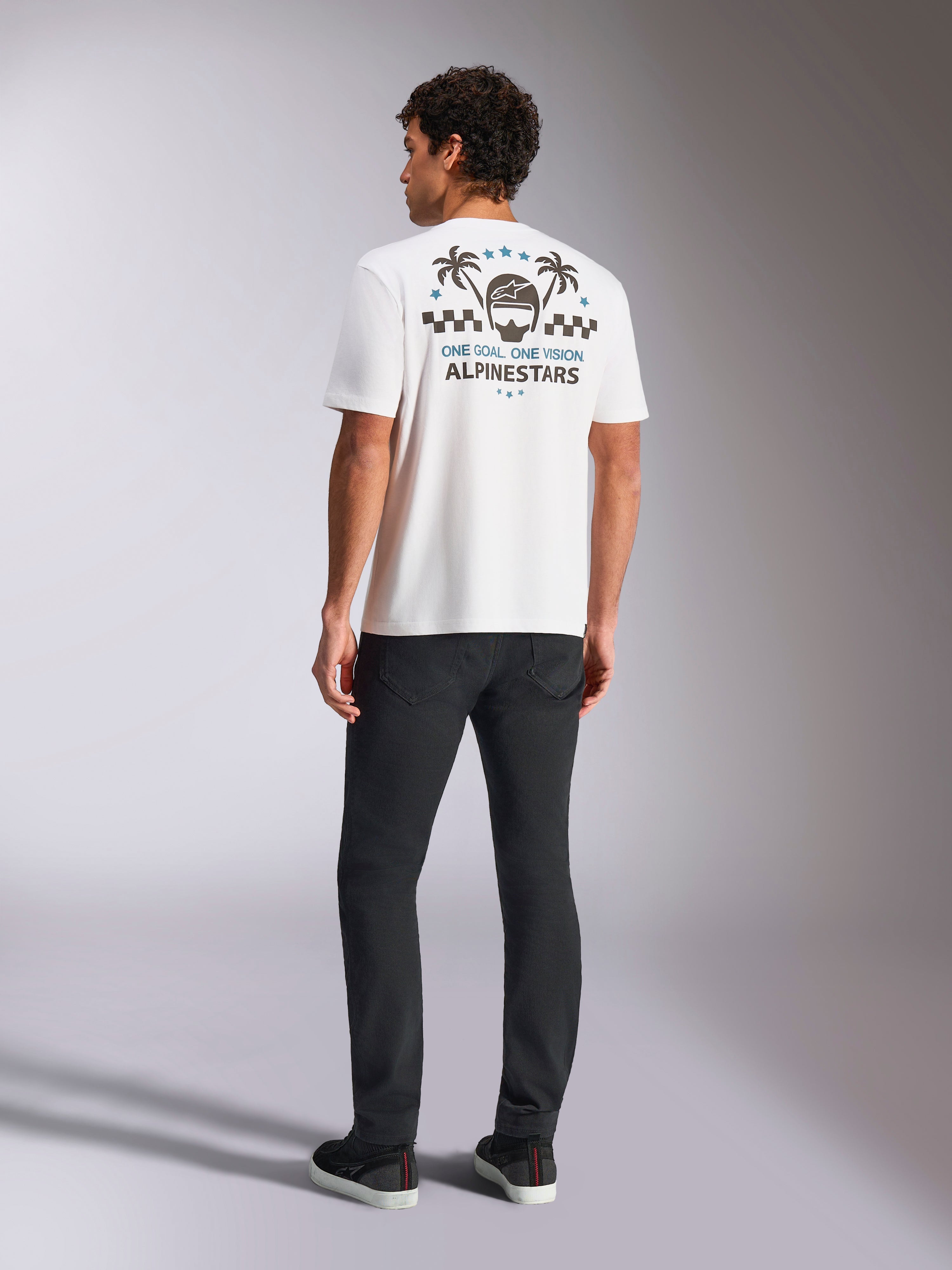 Alpinestars Order CSF Tee, Short Sleeve T-Shirt, White, Rear view featuring palm trees and helmet graphic, 'One Goal One Vision' slogan, casual motorsport streetwear