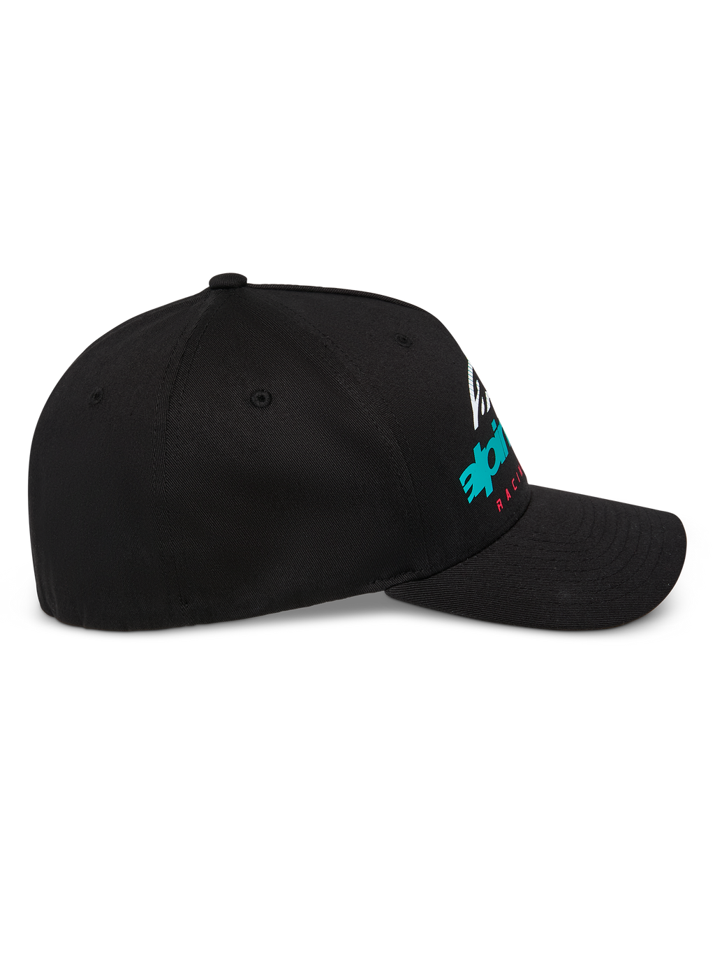 Alpinestars Instinct Hat, structured baseball cap, Black, side profile featuring curved bill and gradient Astars logo print, casual motorsport streetwear