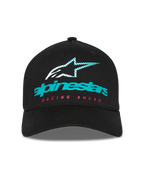 Alpinestars Instinct Hat, structured baseball cap, Black, featuring a teal Alpinestars logo with a striped star icon and red 'RACING AHEAD' text, curved bill, casual motorsport streetwear