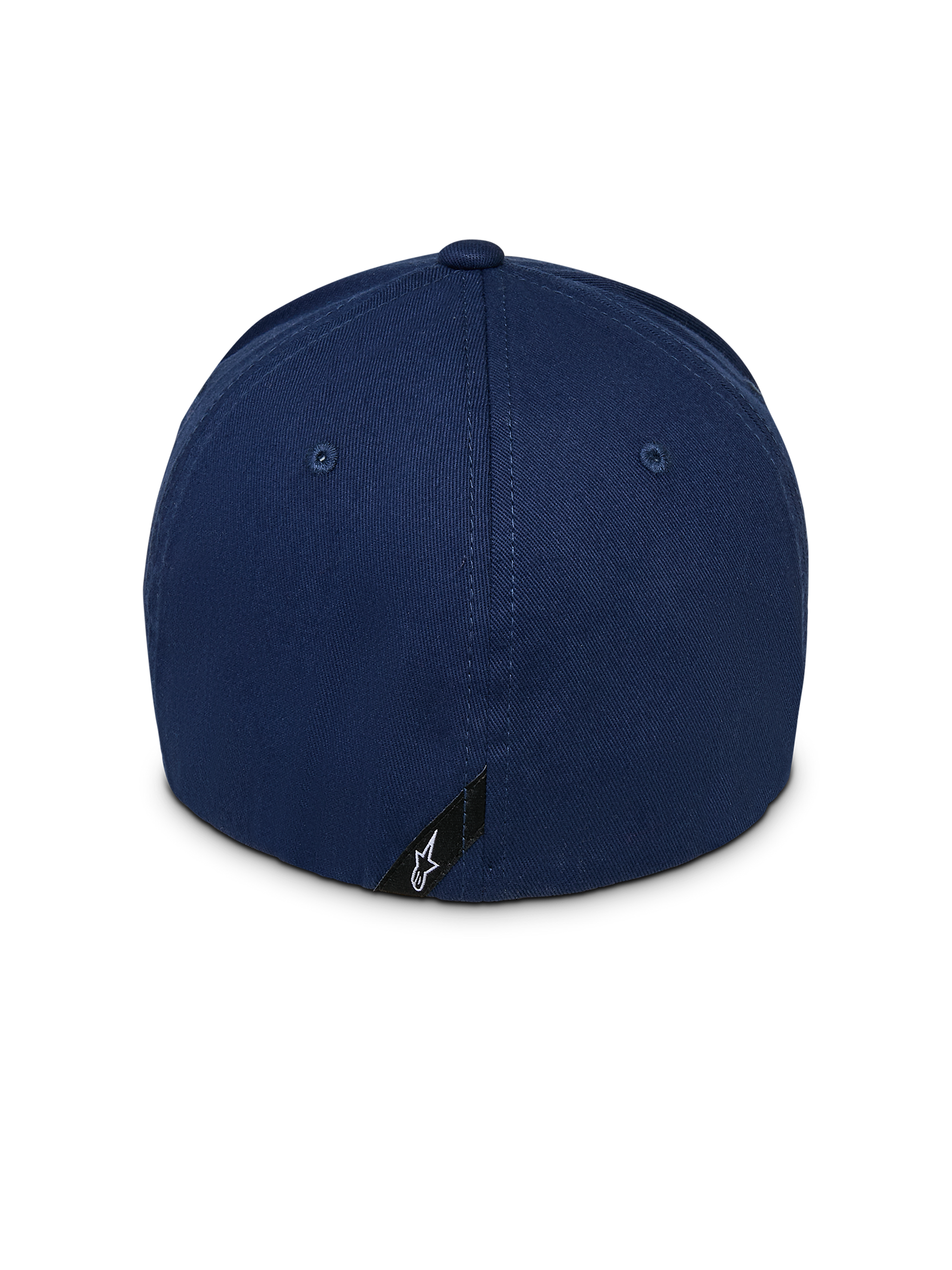 Gorra Alpinestars Instinct, gorra de béisbol azul marino, vista trasera con corona estructurada y diseño de parte trasera flexible, detalle de pequeña etiqueta negra con logo de estrella Astars blanco en el borde inferior