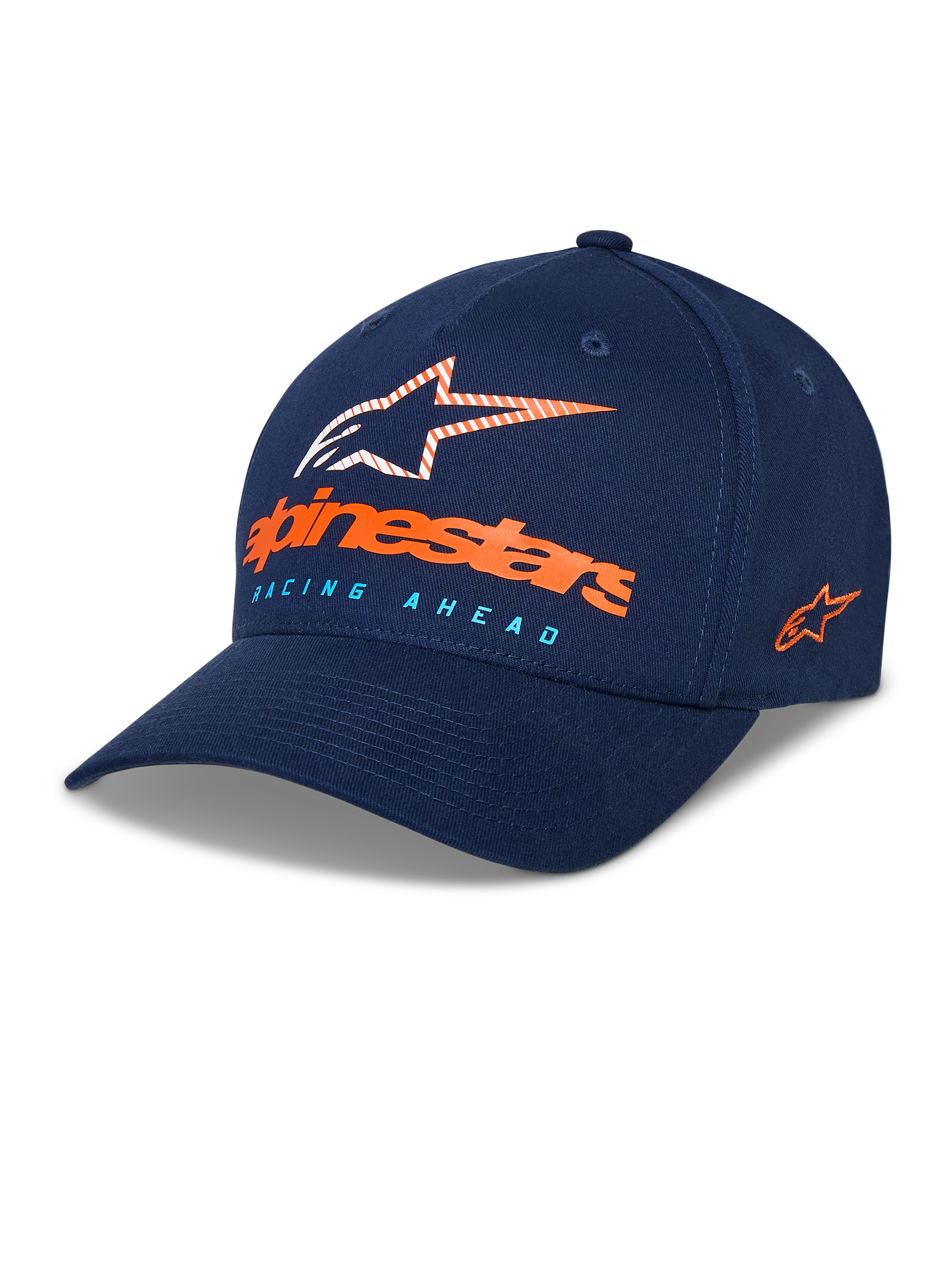 Gorra Alpinestars Instinct, gorra de béisbol azul marino, visera curva con corona estructurada, logotipo frontal de Astars con letras en naranja y texto "Racing Ahead" en azul claro, logotipo bordado en el lateral, accesorio deportivo casual