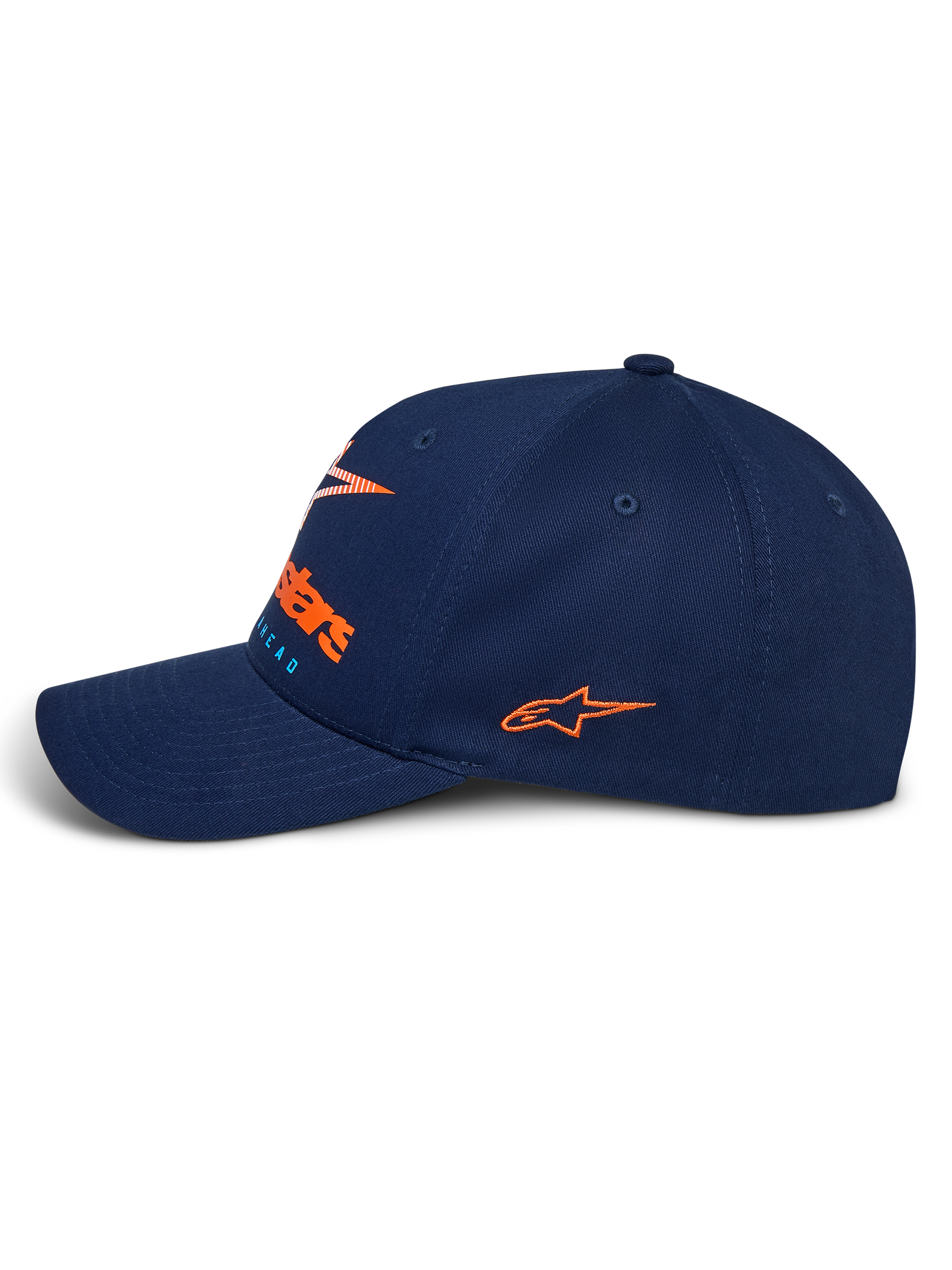 Gorra Alpinestars Instinct, gorra deportiva azul marino, vista de perfil con visera curva, logo lateral bordado en naranja, logo frontal con impresión en degradado naranja, corona estructurada de tejido de sarga