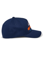 Alpinestars Instinct Hat, Navy, curved bill with structured crown, side profile view featuring orange and blue gradient logo print, casual sportswear