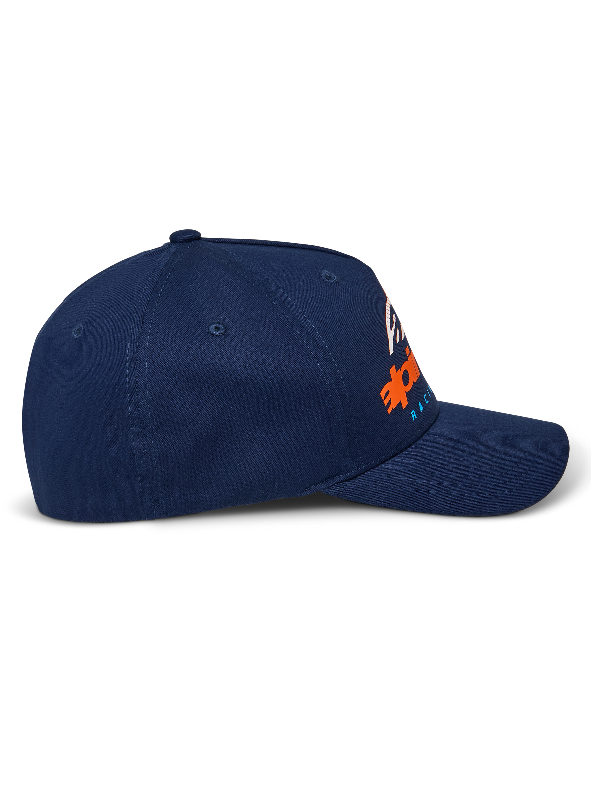 Gorra Alpinestars Instinct, azul marino, visera curva con corona estructurada, vista de perfil lateral con logotipo impreso en degradado naranja y azul, ropa deportiva casual