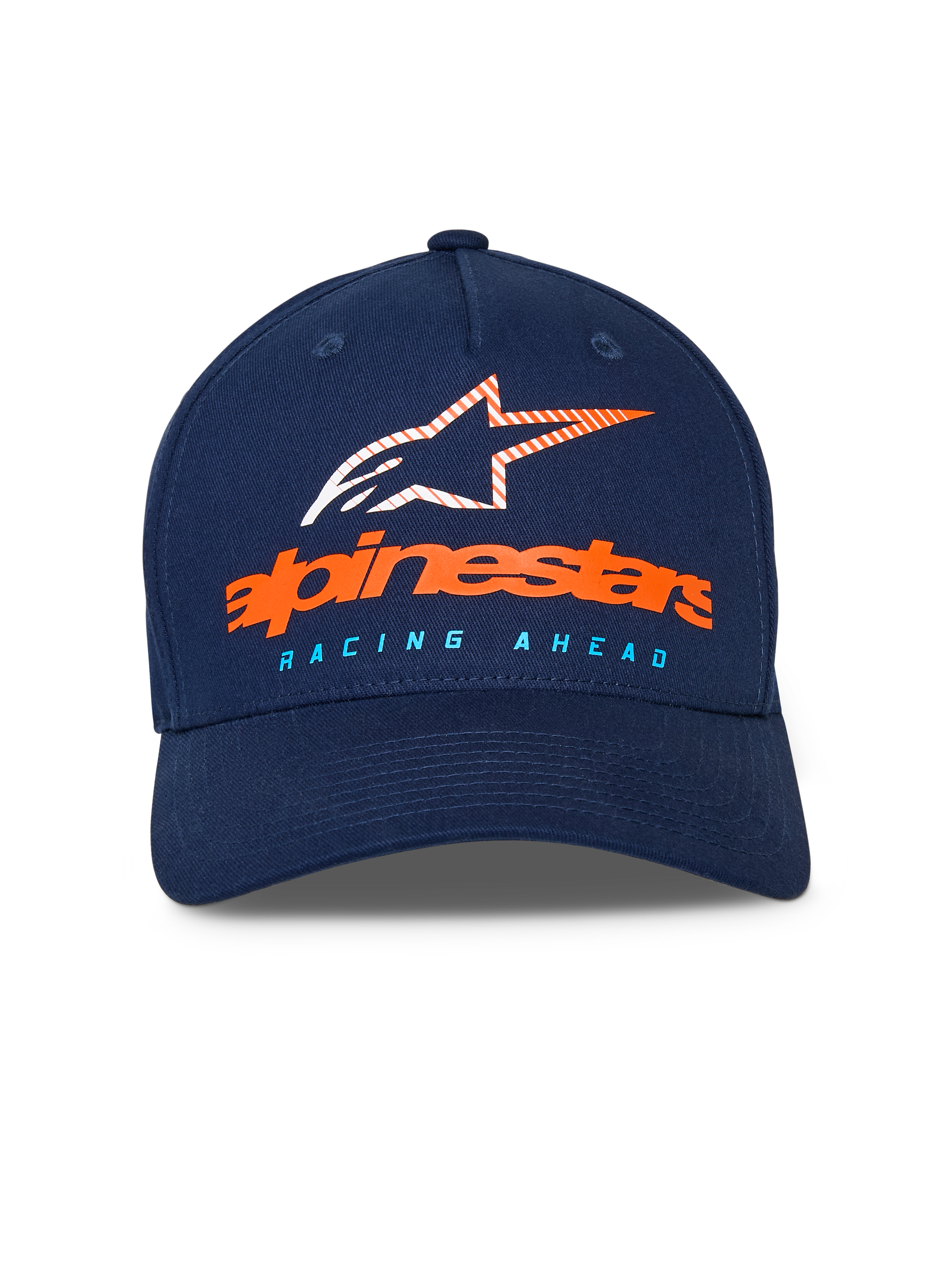 Gorra Alpinestars Instinct, gorra de béisbol azul marino, visera curva con corona estructurada, logotipo naranja de Alpinestars y logo de estrella a rayas en el frente, texto "RACING AHEAD" en azul claro, estilo deportivo casual