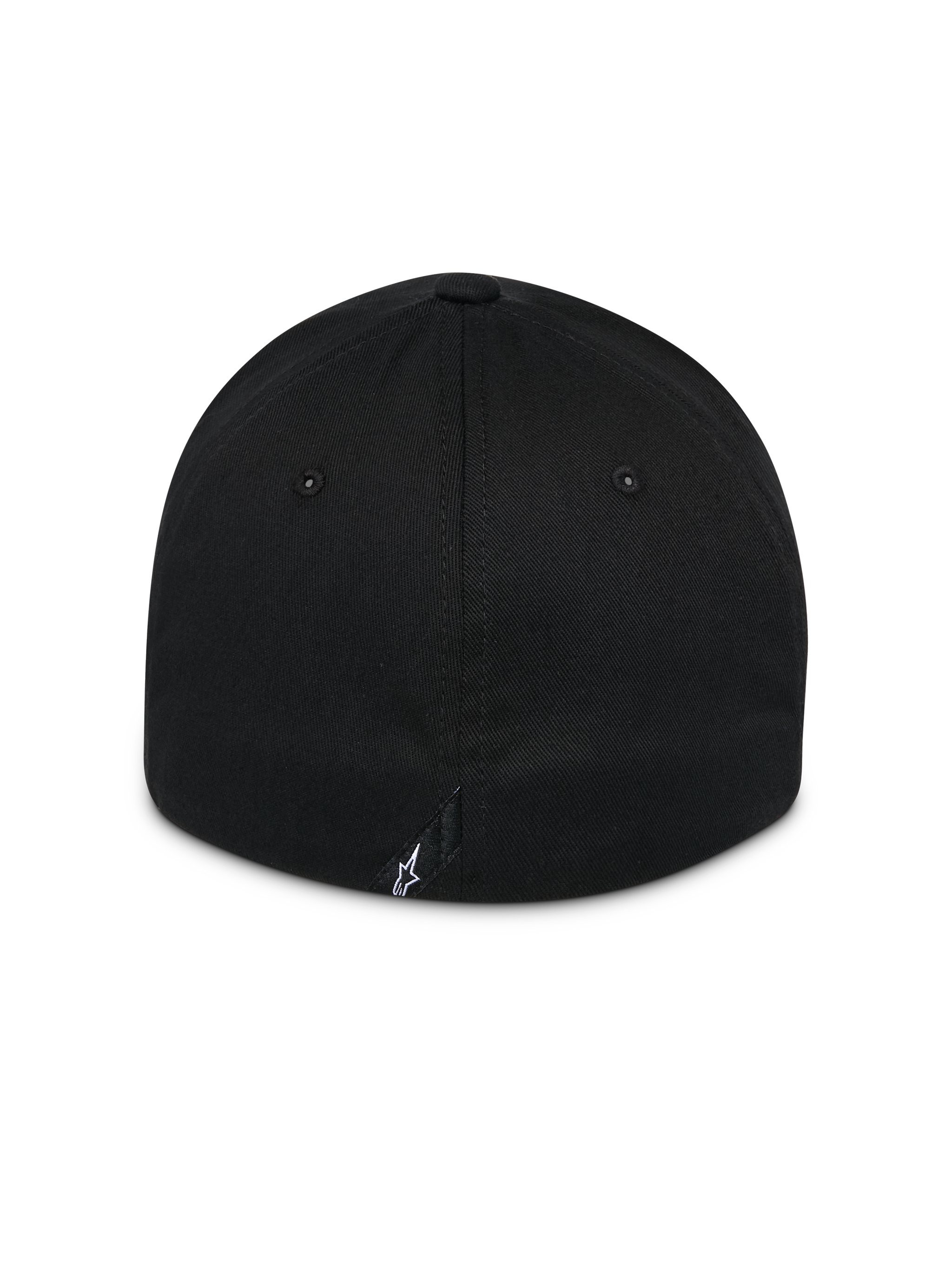 Alpinestars Surpass Hat, Black, rear view of curved bill hat with structured crown, flex back design, small white Astars logo on the back label, casual motorsport headwear