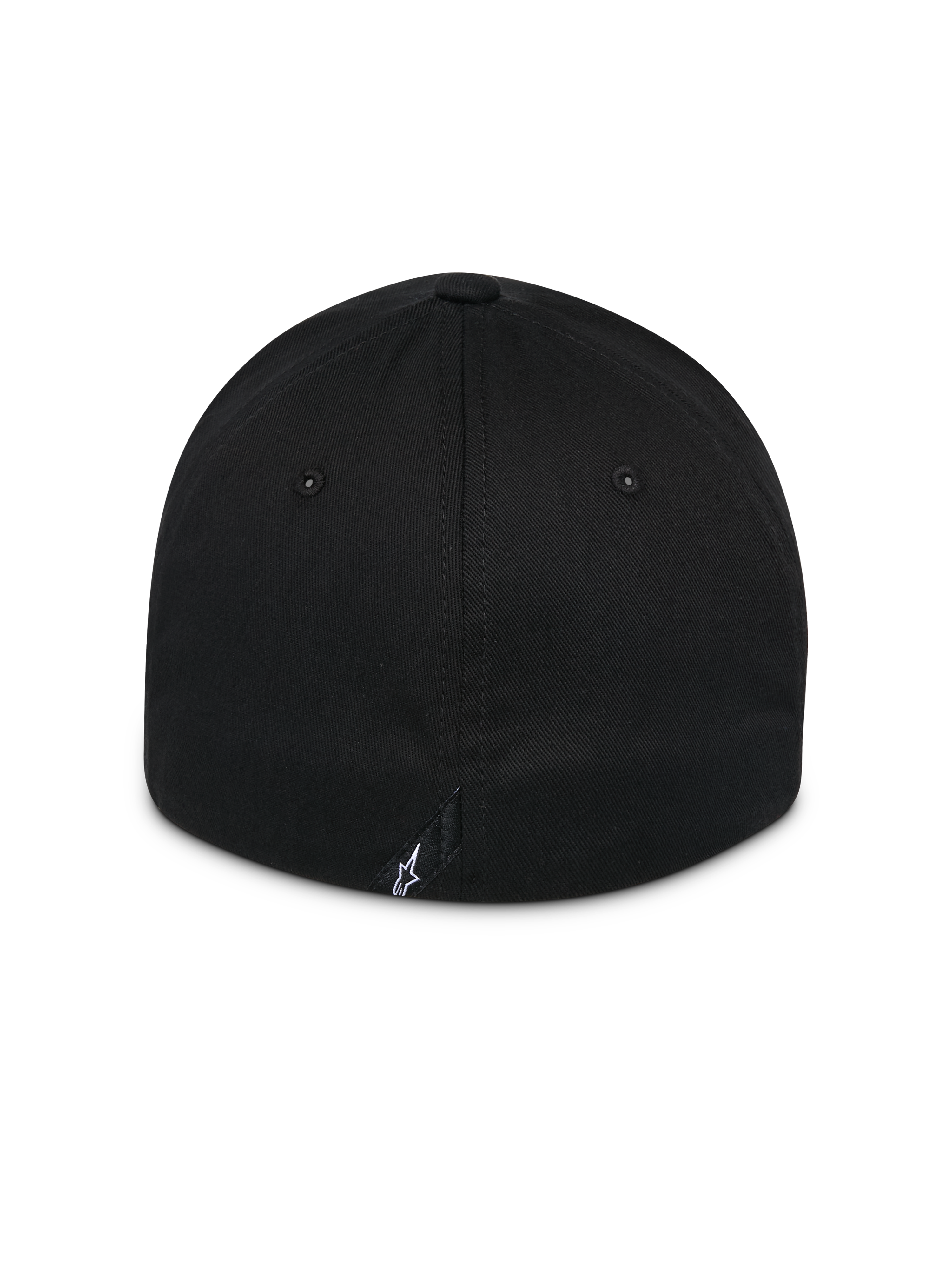 Gorra Alpinestars Surpass, negra, vista trasera de gorra con visera curva y corona estructurada, diseño flex back, pequeño logotipo blanco de Astars en la etiqueta trasera, accesorio casual de estilo motorsport