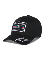 Alpinestars Surpass Hat, Curved Bill Baseball Cap, Black, featuring a front embroidered rectangular patch with the Astars logo and 'Racing Ahead' text, white embroidered logo on the bill, structured crown and twill fabric for casual motorsport-inspired streetwear.