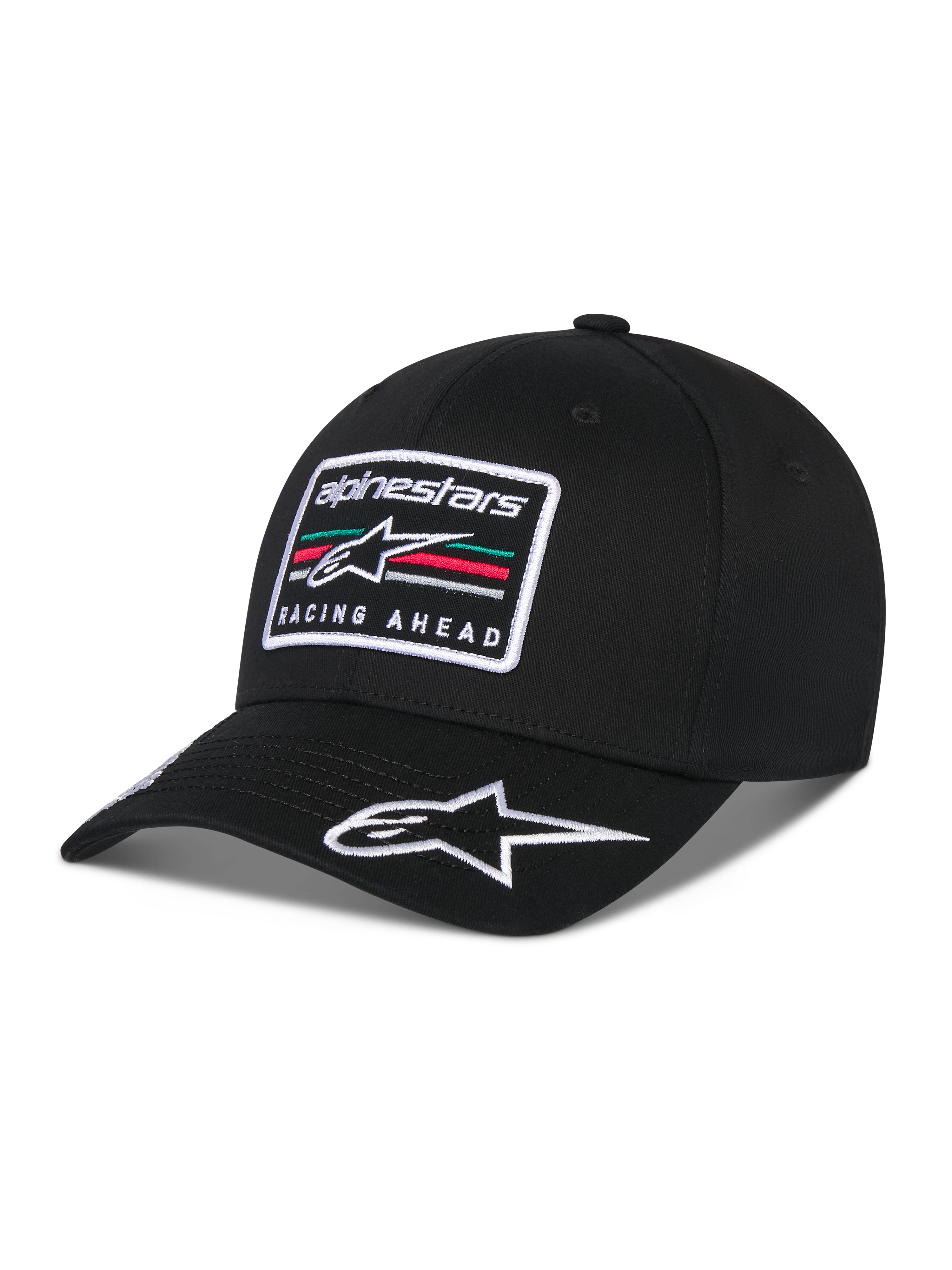 Gorra Alpinestars Surpass, gorra de béisbol de visera curva, negra, con un parche rectangular bordado en la parte frontal con el logotipo de Astars y el texto 'Racing Ahead', logotipo blanco bordado en la visera, corona estructurada y tejido de sarga para un estilo urbano informal inspirado en el automovilismo.