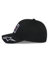 Alpinestars Surpass Hat, Baseball Cap, Black, side profile view showing curved bill with white embroidered Astars logo, structured crown with front embroidery patch, casual motorsport-inspired headwear