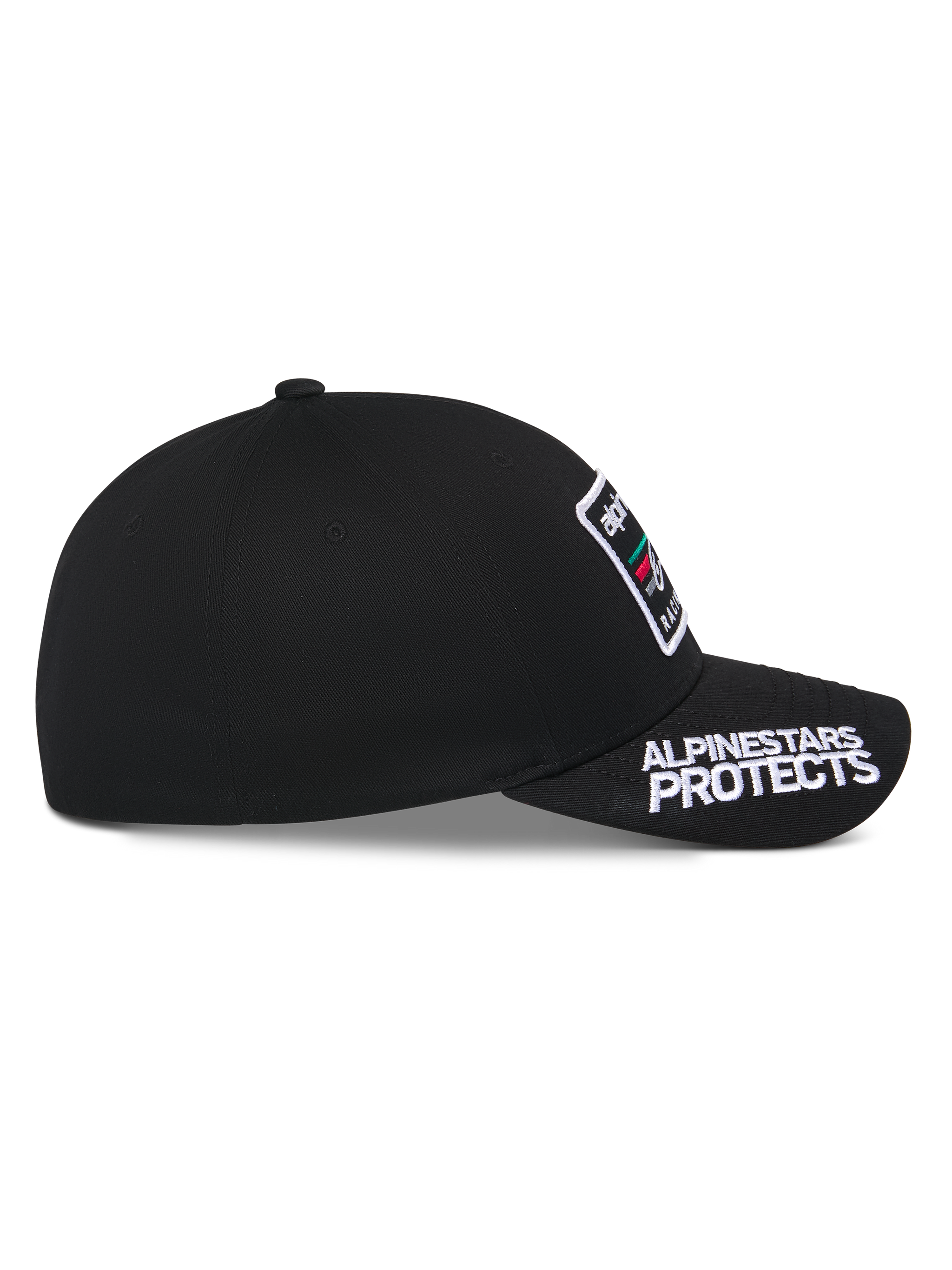 Alpinestars Surpass Hat, Black, side profile view, curved bill with white 'ALPINESTARS PROTECTS' embroidery, structured crown with front logo patch, casual motorsport-inspired headwear