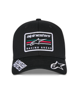 Alpinestars Surpass Hat, Black structured baseball cap, curved bill with white embroidered Astars logo and 'Alpinestars Protects' text, front 'Racing Ahead' logo patch with multi-colored stripes, casual motorsport-inspired headwear