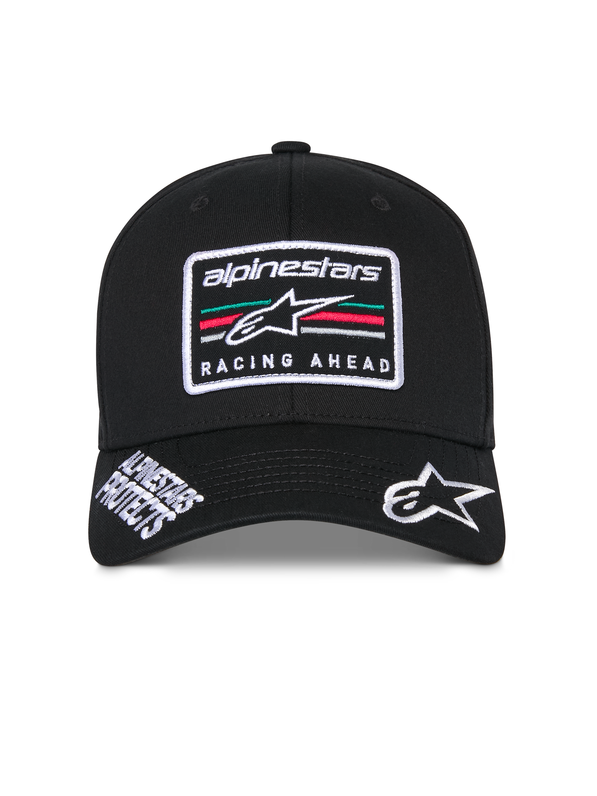 Alpinestars Surpass Hat, Black structured baseball cap, curved bill with white embroidered Astars logo and 'Alpinestars Protects' text, front 'Racing Ahead' logo patch with multi-colored stripes, casual motorsport-inspired headwear