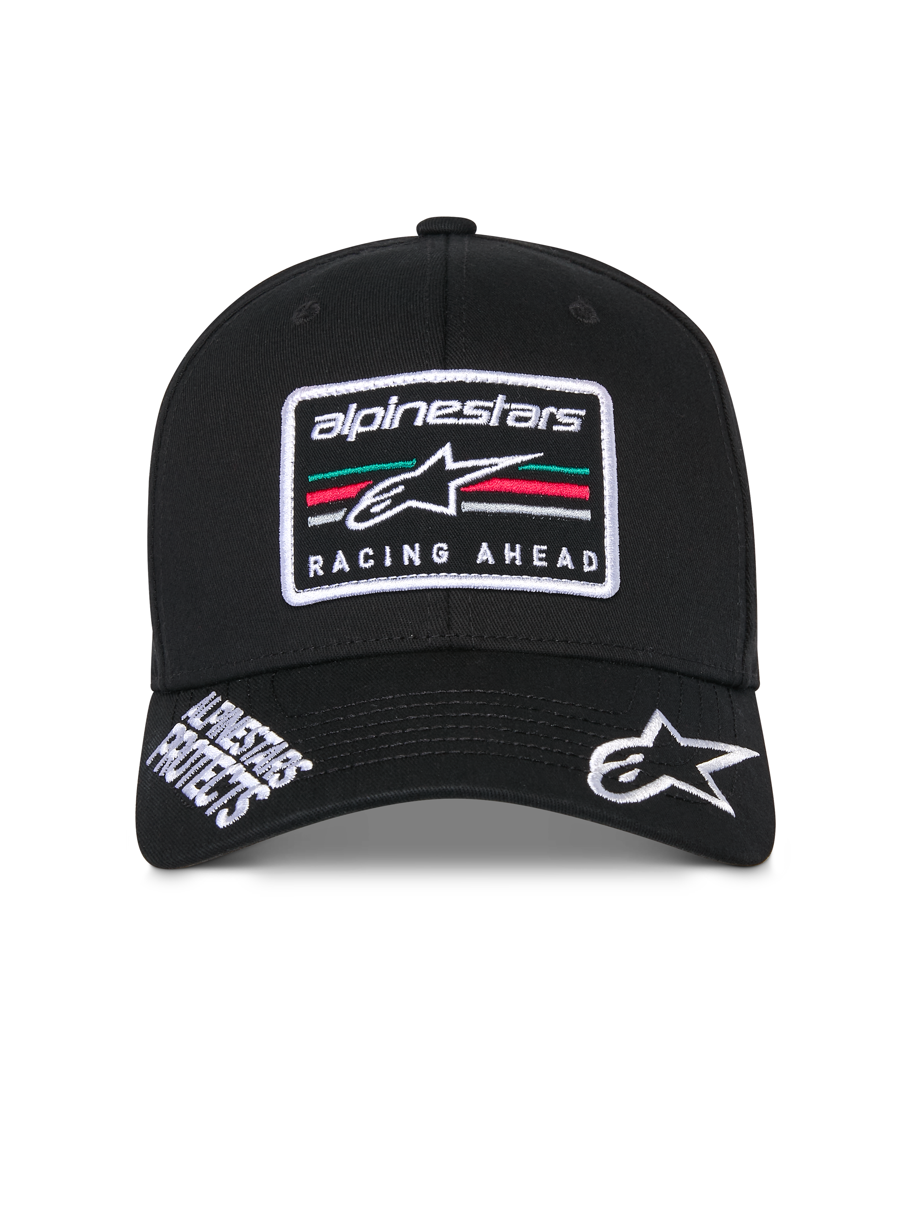 Gorra Alpinestars Surpass, gorra de béisbol estructurada de color negro, visera curva con el logo Astars bordado en blanco y el texto 'Alpinestars Protects', parche frontal con el logo 'Racing Ahead' y rayas multicolores, accesorio casual inspirado en el automovilismo