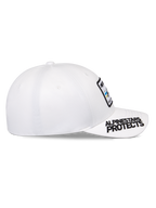 Alpinestars Surpass Hat, White, curved bill with 'ALPINESTARS PROTECTS' black embroidery, structured crown with front logo patch, casual sportswear baseball cap
