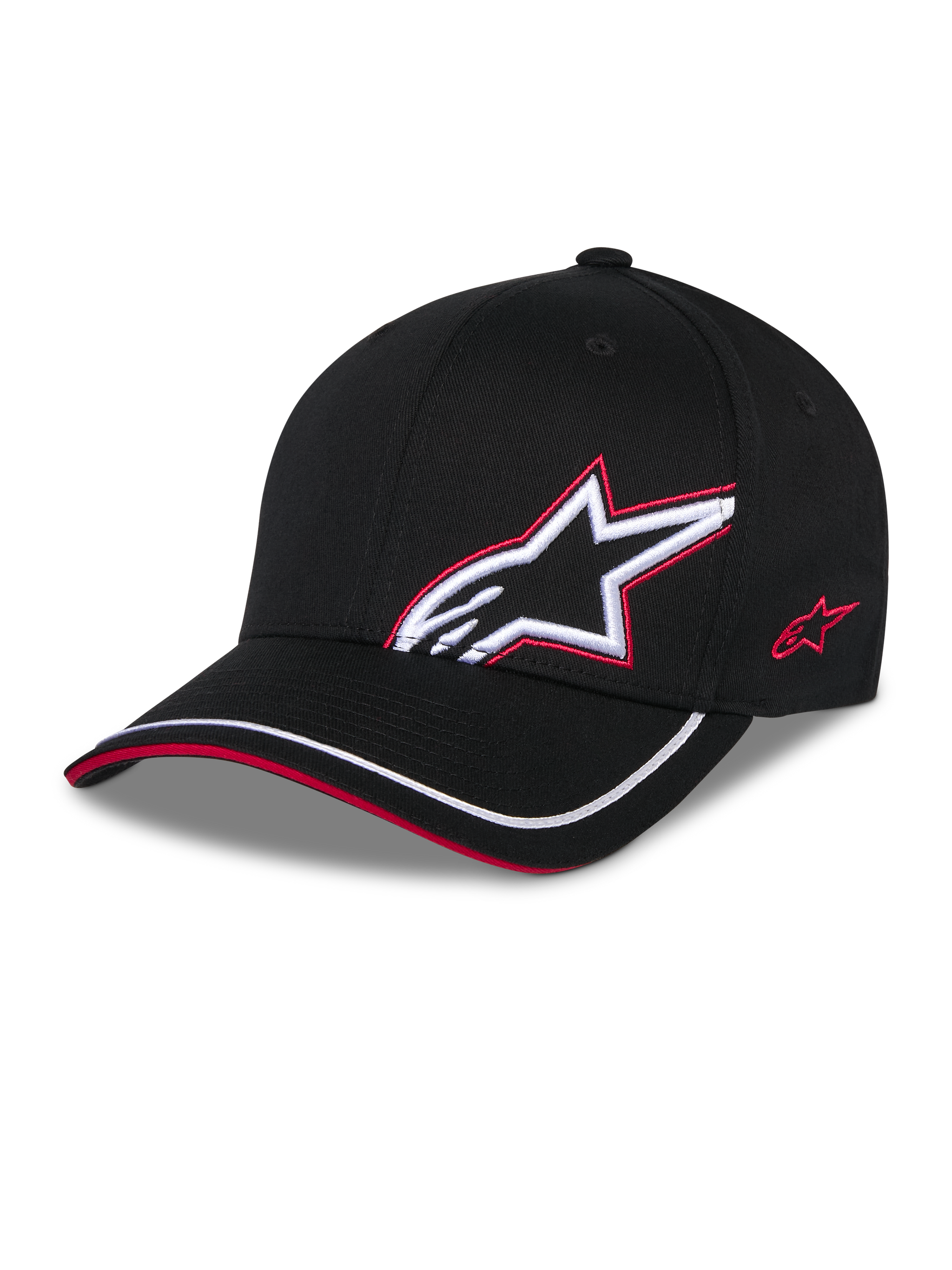 Gorra Alpinestars Corp Shift Relay, negra, gorra de béisbol de sarga estructurada con visera curva, logotipo Astars 3D blanco con contorno bordado en rojo en el frente, logotipo rojo en el lateral, ribete blanco en la visera con detalle de sándwich rojo, accesorio casual inspirado en el automovilismo.