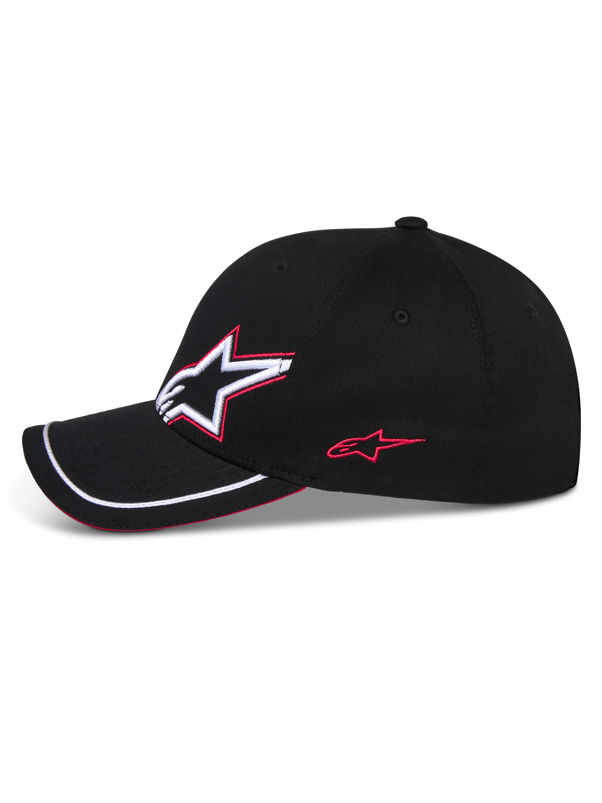Gorra Alpinestars Corp Shift Relay, gorra de béisbol negra, perfil lateral con bordado del logo Astars en 3D en blanco y rojo, visera curva con ribete de sutache blanco y detalle de sándwich rojo, accesorio casual de motorsport