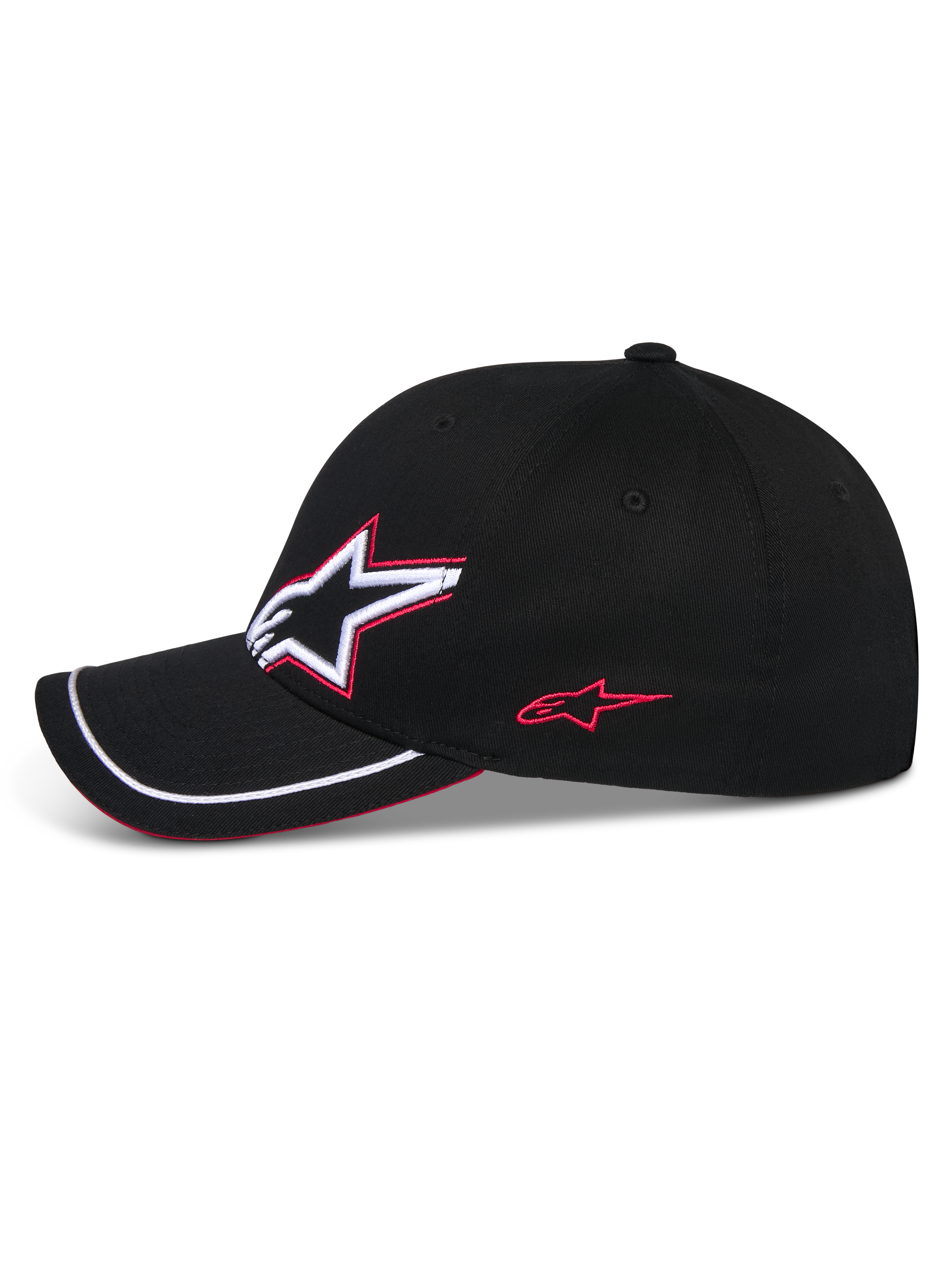Alpinestars Corp Shift Relay Hat, Black Baseball Cap, side profile featuring 3D Astars logo embroidery in white and red, curved bill with white sutache trim and red sandwich detail, casual motorsport headwear