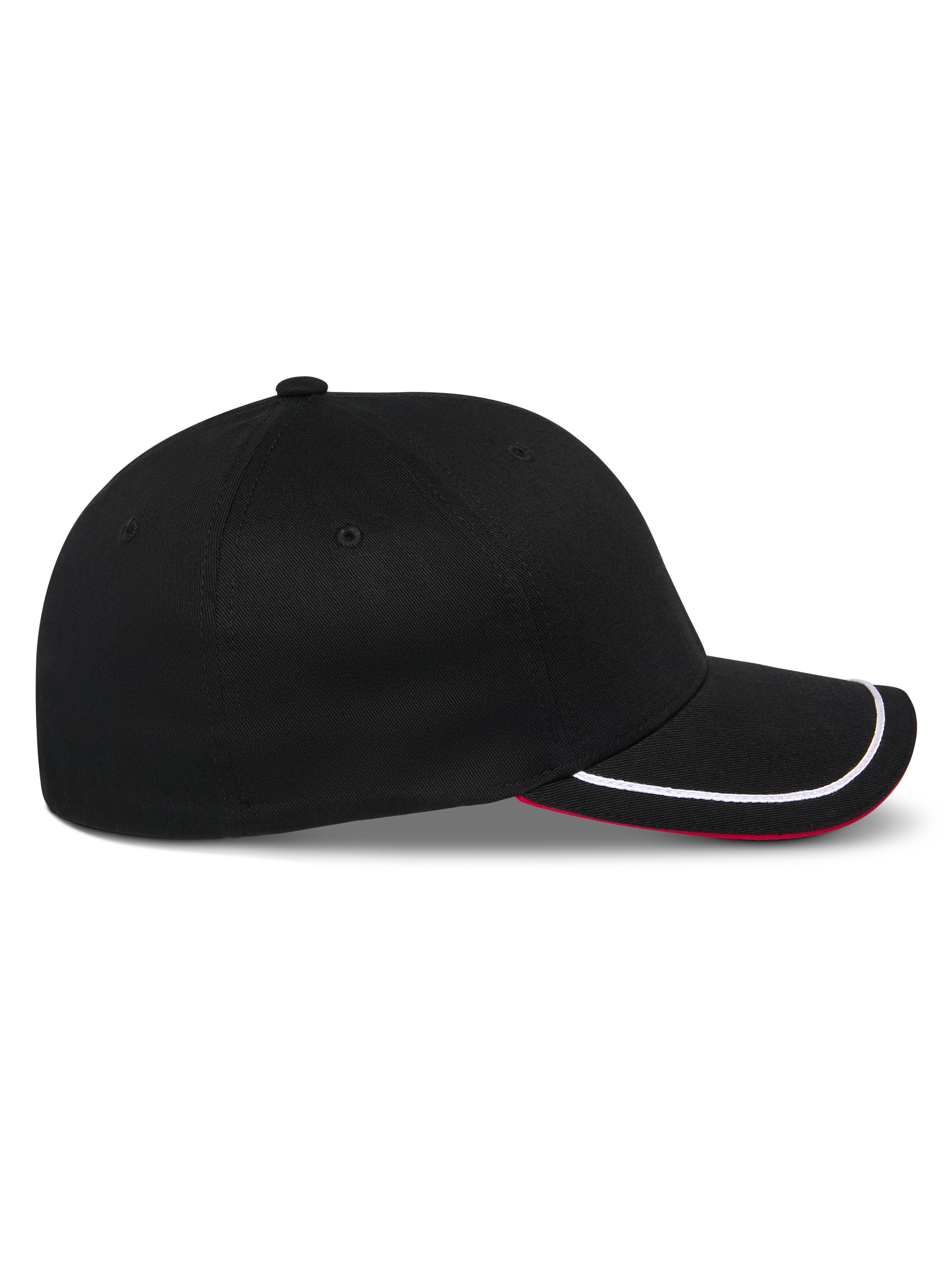 Alpinestars Corp Shift Relay Hat, gorra de béisbol negra, perfil lateral, visera curva con ribete de sutache blanco y parte inferior roja, corona estructurada, accesorio de estilo casual inspirado en el automovilismo