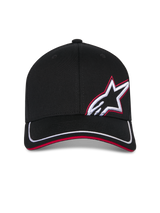Gorra Alpinestars Corp Shift Relay, gorra de béisbol negra, visera curva con ribete blanco y sandwich rojo, bordado frontal en 3D del logo Astars en blanco y rojo, ropa deportiva casual inspirada en el motor