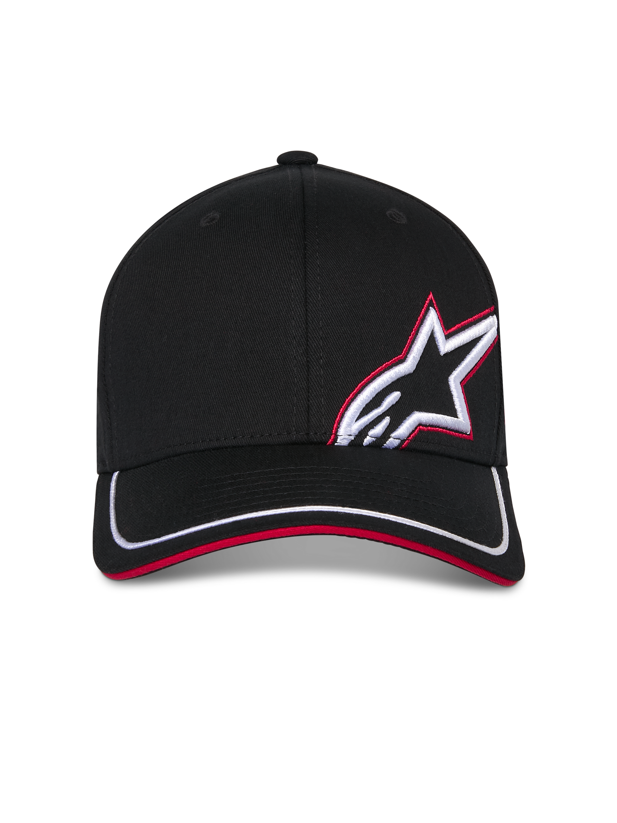 Gorra Alpinestars Corp Shift Relay, gorra de béisbol negra, visera curva con ribete blanco y sandwich rojo, bordado frontal en 3D del logo Astars en blanco y rojo, ropa deportiva casual inspirada en el motor