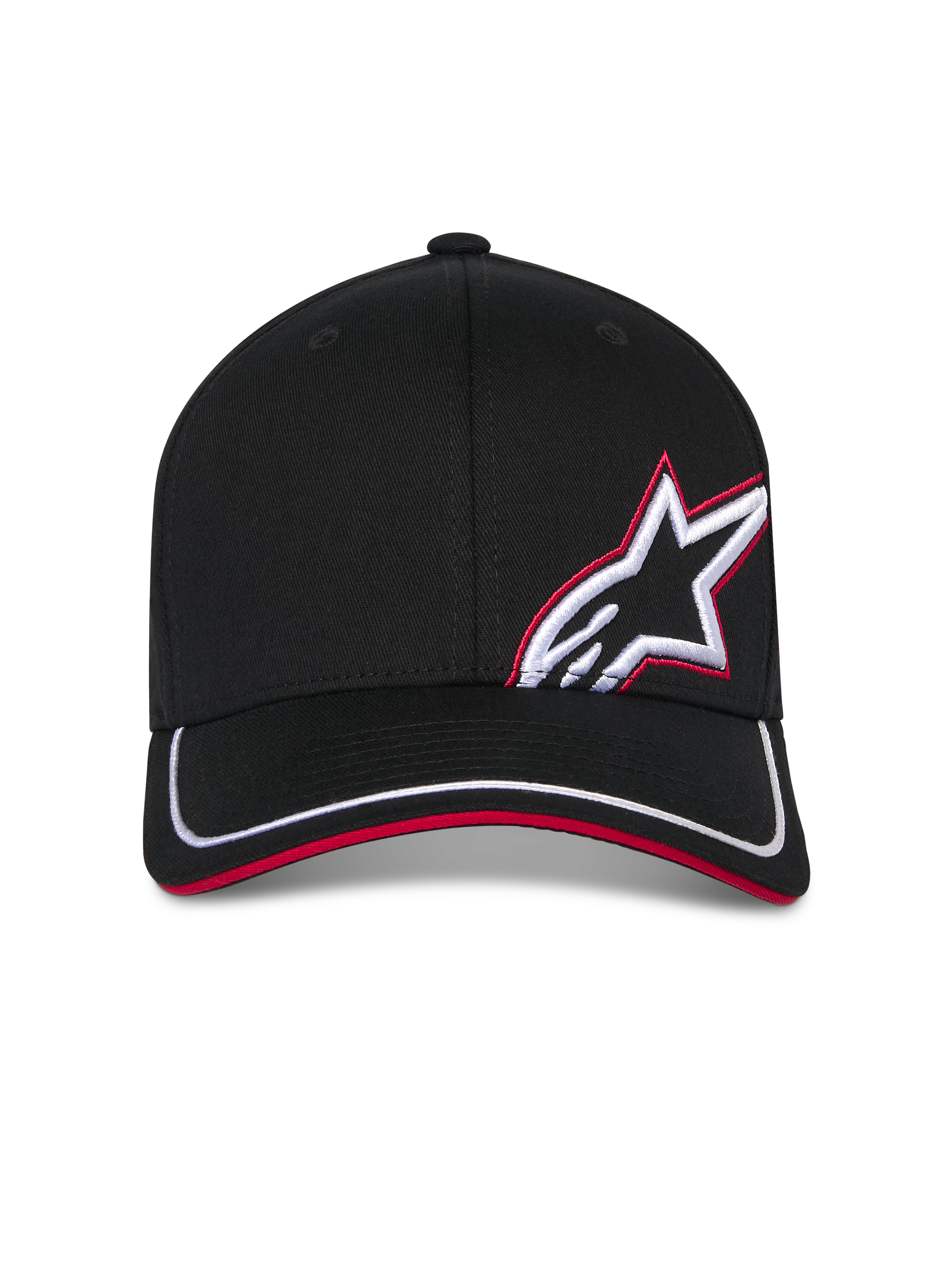 Alpinestars Corp Shift Relay Hat, Black Baseball Cap, curved bill with white trim and red sandwich, front-side 3D Astars logo embroidery in white and red, casual motorsport-inspired sportswear