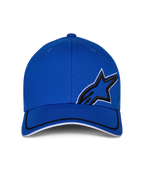 Alpinestars Corp Shift Relay Hat, Blue, structured baseball cap with curved bill, featuring black 3D Astars logo embroidery with white outline, black and white sandwich trim on bill, casual motorsport streetwear