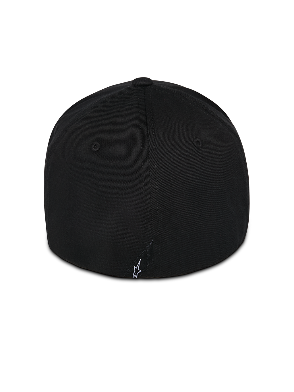Gorra Alpinestars Pivot, gorra negra con ajuste flex back, vista trasera con un pequeño logo de Astars bordado en blanco, confección en sarga, ropa casual de motorsport