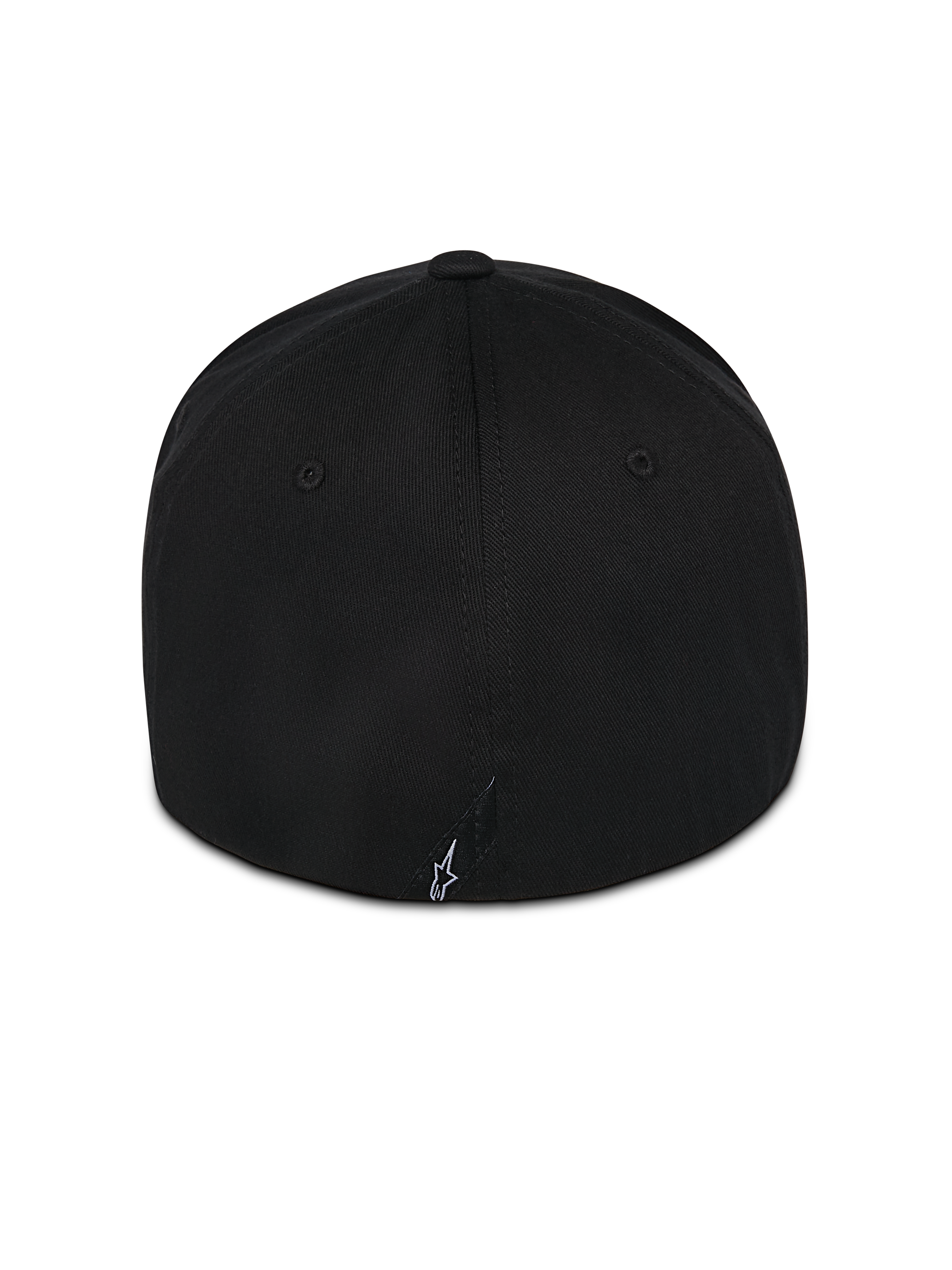 Gorra Alpinestars Pivot, gorra negra con ajuste flex back, vista trasera con un pequeño logo de Astars bordado en blanco, confección en sarga, ropa casual de motorsport