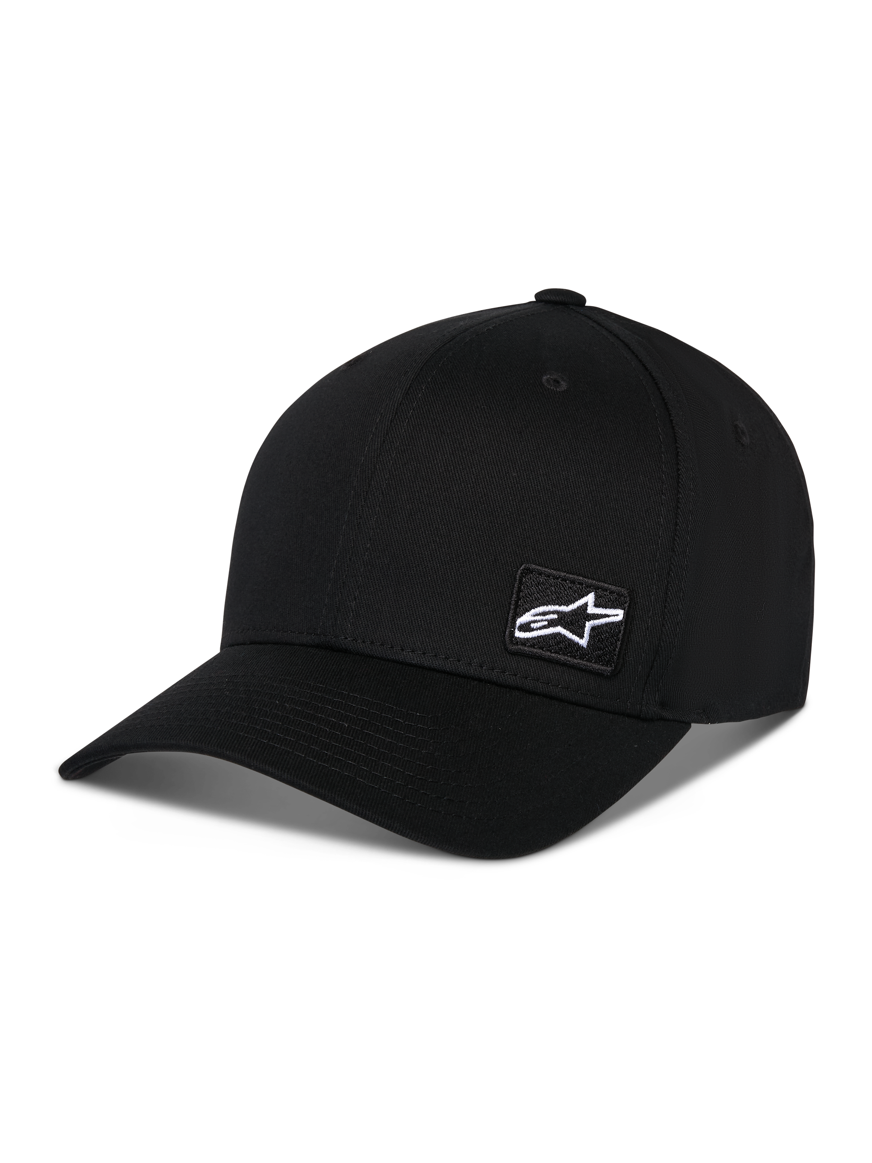 Alpinestars Pivot Hat, gorra deportiva negra con visera curva y corona estructurada, pequeño parche con el logo blanco de Astars en el lateral, diseño casual inspirado en el automovilismo