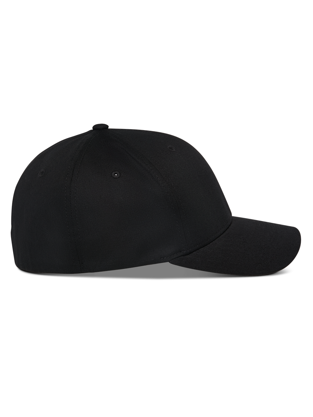 Gorra Alpinestars Pivot, negra, vista de perfil lateral de una gorra de béisbol estructurada con visera curva, tejido de sarga, accesorio de cabeza casual inspirado en el automovilismo
