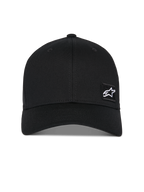 Gorra Pivot de Alpinestars, gorra de béisbol negra, visera curva con corona estructurada, pequeño logo de estrella Astars blanco en un parche bordado negro, ropa deportiva casual inspirada en el motociclismo