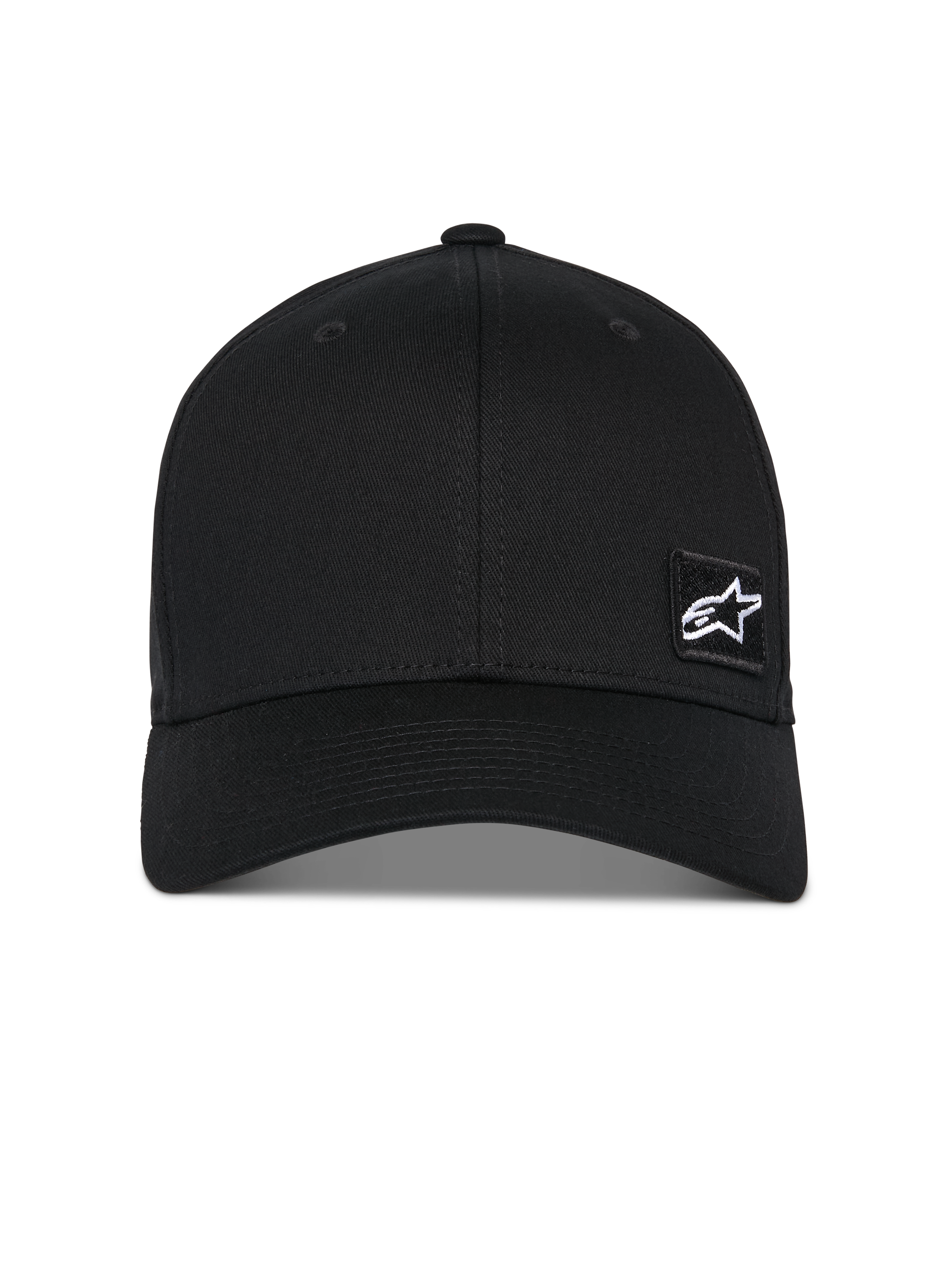 Gorra Pivot de Alpinestars, gorra de béisbol negra, visera curva con corona estructurada, pequeño logo de estrella Astars blanco en un parche bordado negro, ropa deportiva casual inspirada en el motociclismo