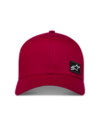 Alpinestars Pivot, gorra deportiva de visera curva, rojo oscuro, corona estructurada en tejido de sarga, parche negro con logotipo Astars