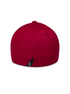 Gorra Alpinestars Pivot en rojo oscuro, vista trasera de sarga estructurada con logotipo Astars y diseño flex back.