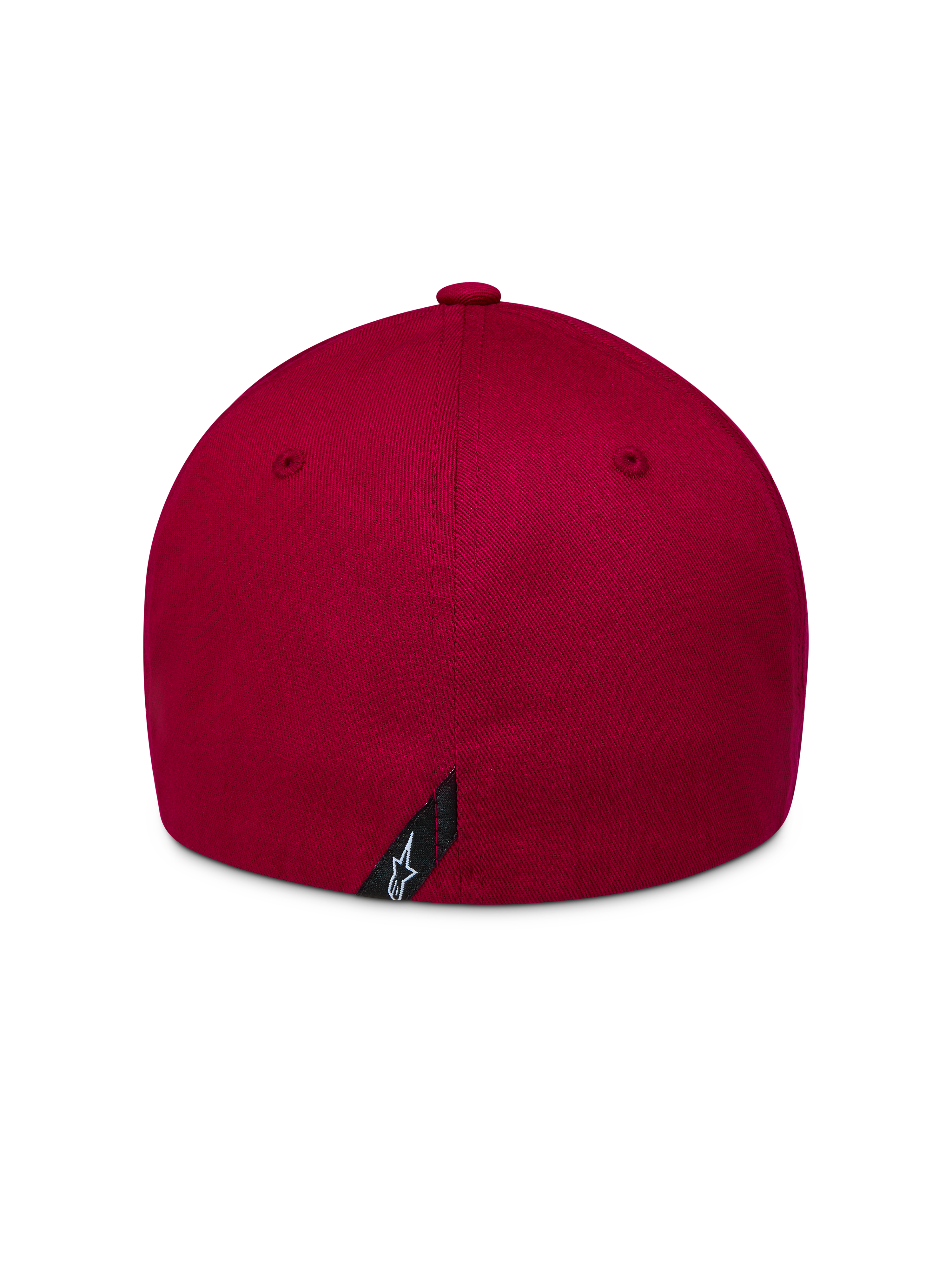 Gorra Alpinestars Pivot en rojo oscuro, vista trasera de sarga estructurada con logotipo Astars y diseño flex back.