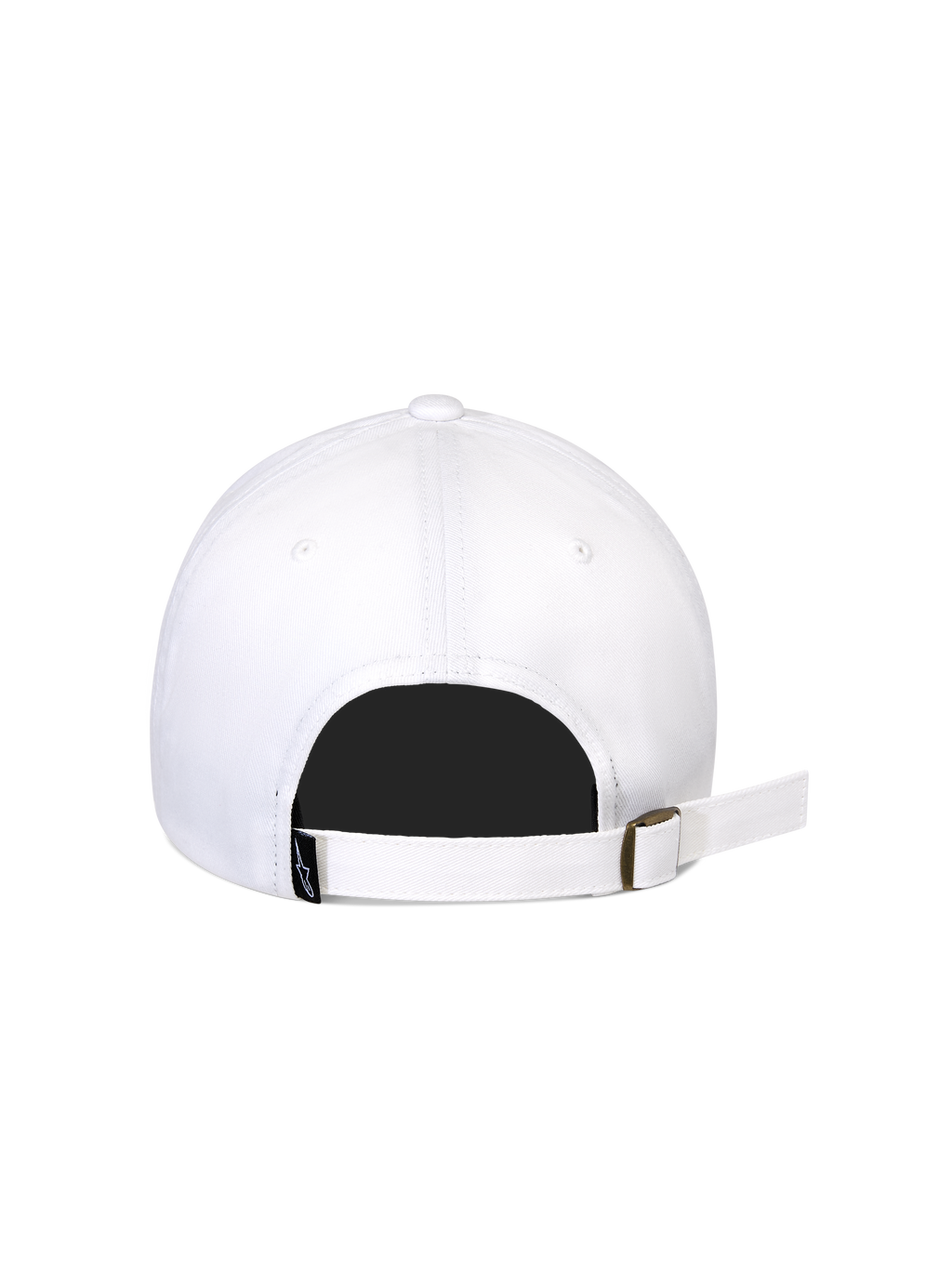 Gorra Alpinestars Calipalm Strapback, blanca, vista trasera con cierre ajustable y hebilla metálica, tejido de sarga de algodón blanco, pequeña etiqueta de logo negra tejida, diseño deportivo casual