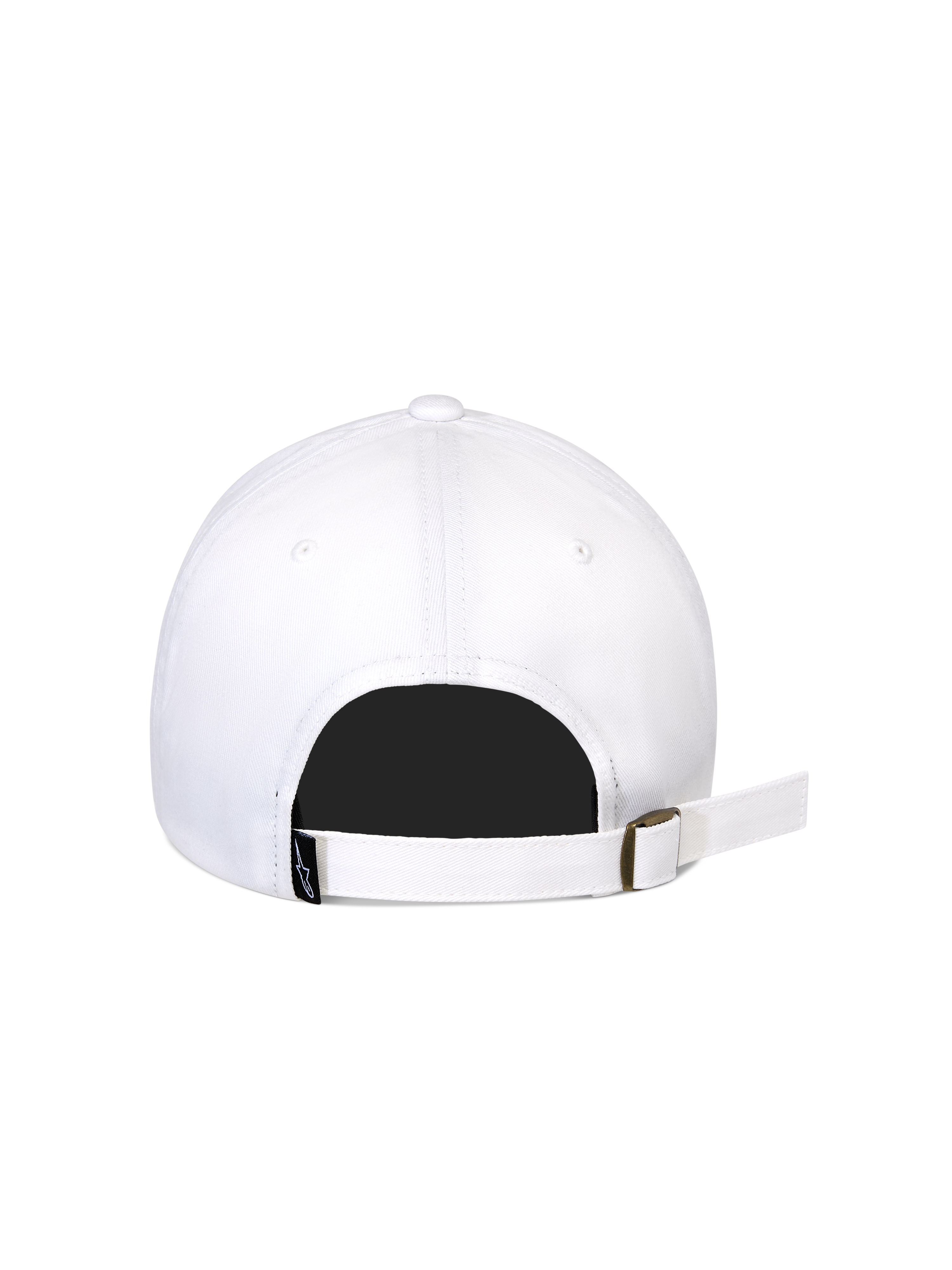 Gorra Alpinestars Calipalm Strapback, blanca, vista trasera con cierre ajustable y hebilla metálica, tejido de sarga de algodón blanco, pequeña etiqueta de logo negra tejida, diseño deportivo casual