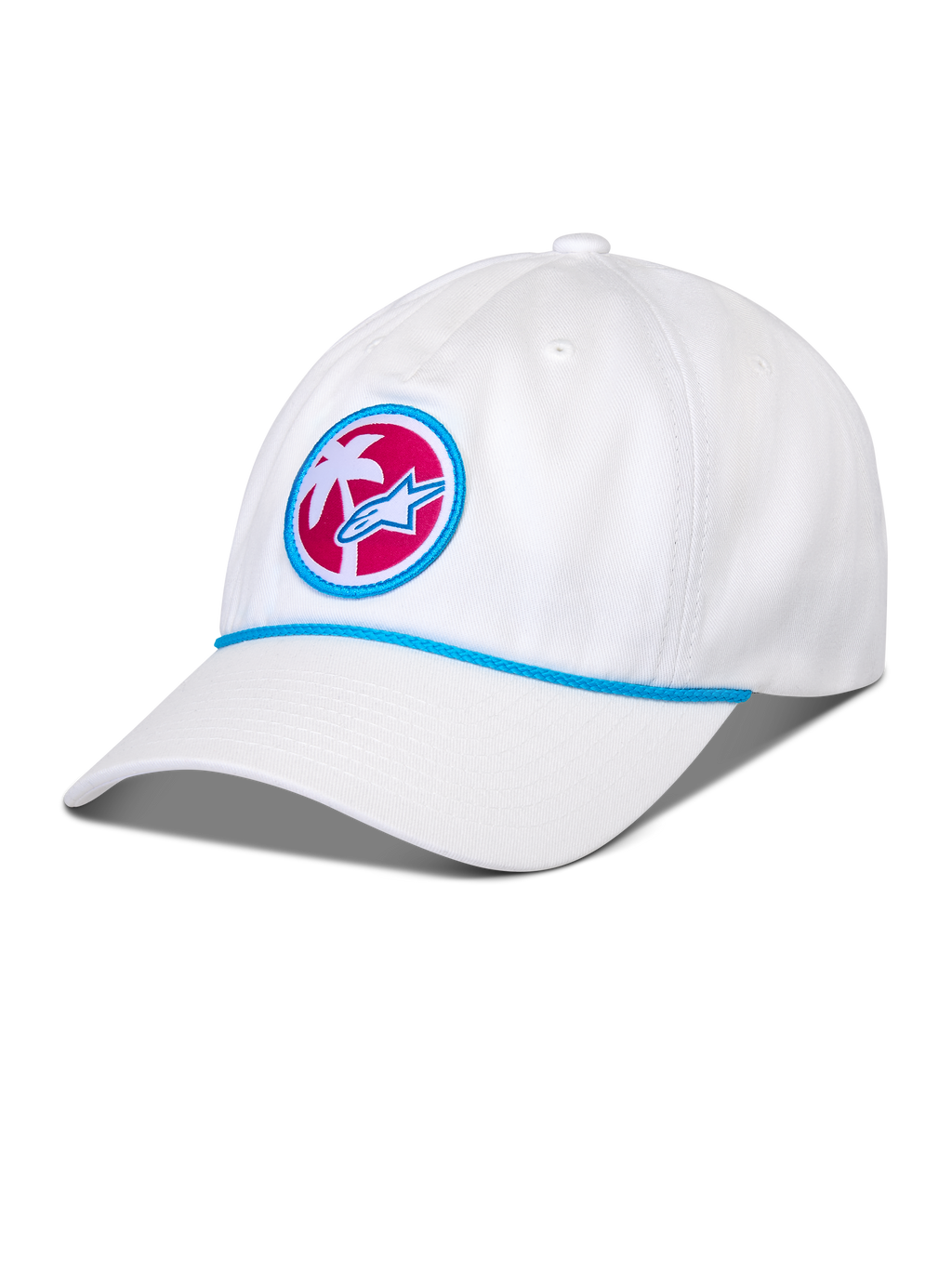 Gorra Alpinestars Calipalm Strapback, blanca, visera curva con detalle de cordón azul, parche frontal circular con una palmera blanca y el logo Astars en azul sobre un fondo rosa, accesorio de moda deportiva casual