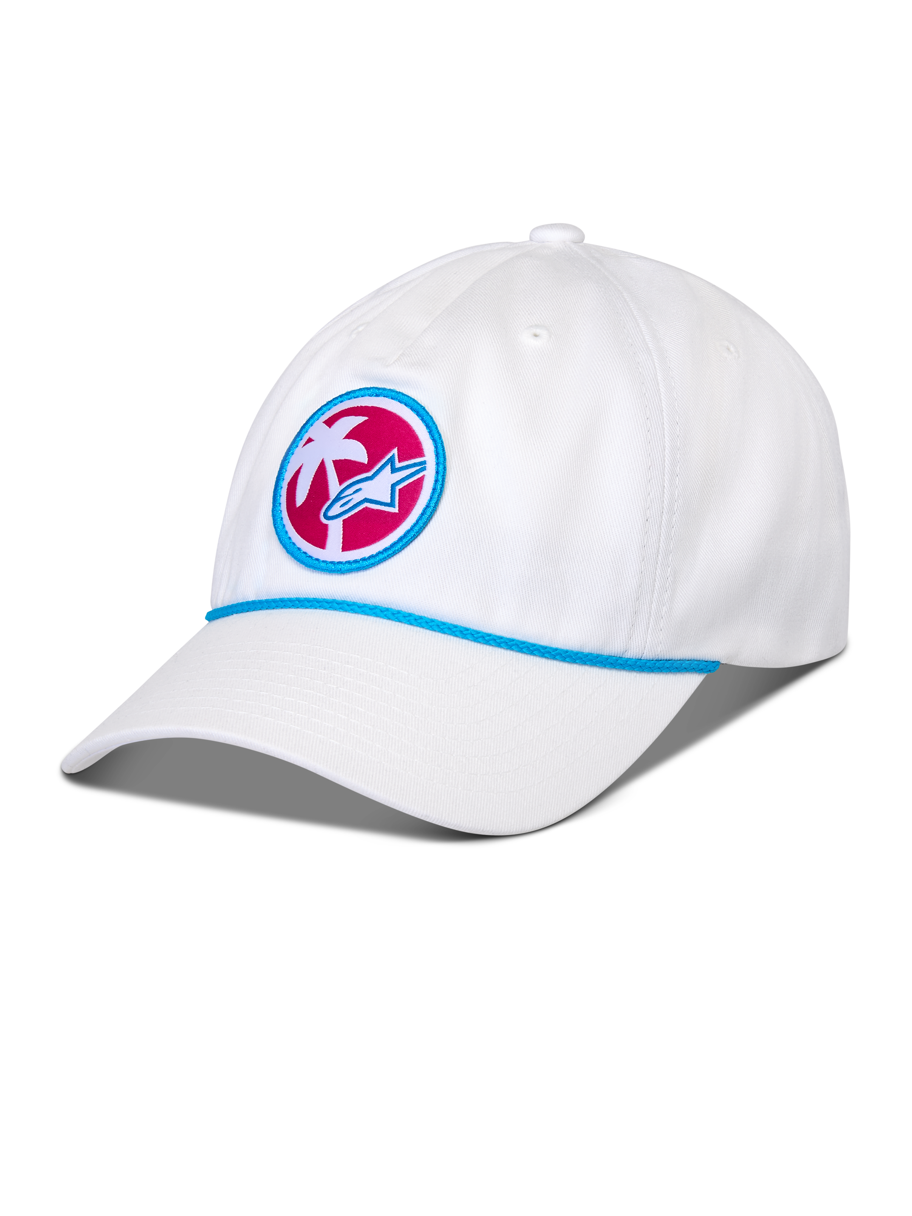 Gorra Alpinestars Calipalm Strapback, blanca, visera curva con detalle de cordón azul, parche frontal circular con una palmera blanca y el logo Astars en azul sobre un fondo rosa, accesorio de moda deportiva casual
