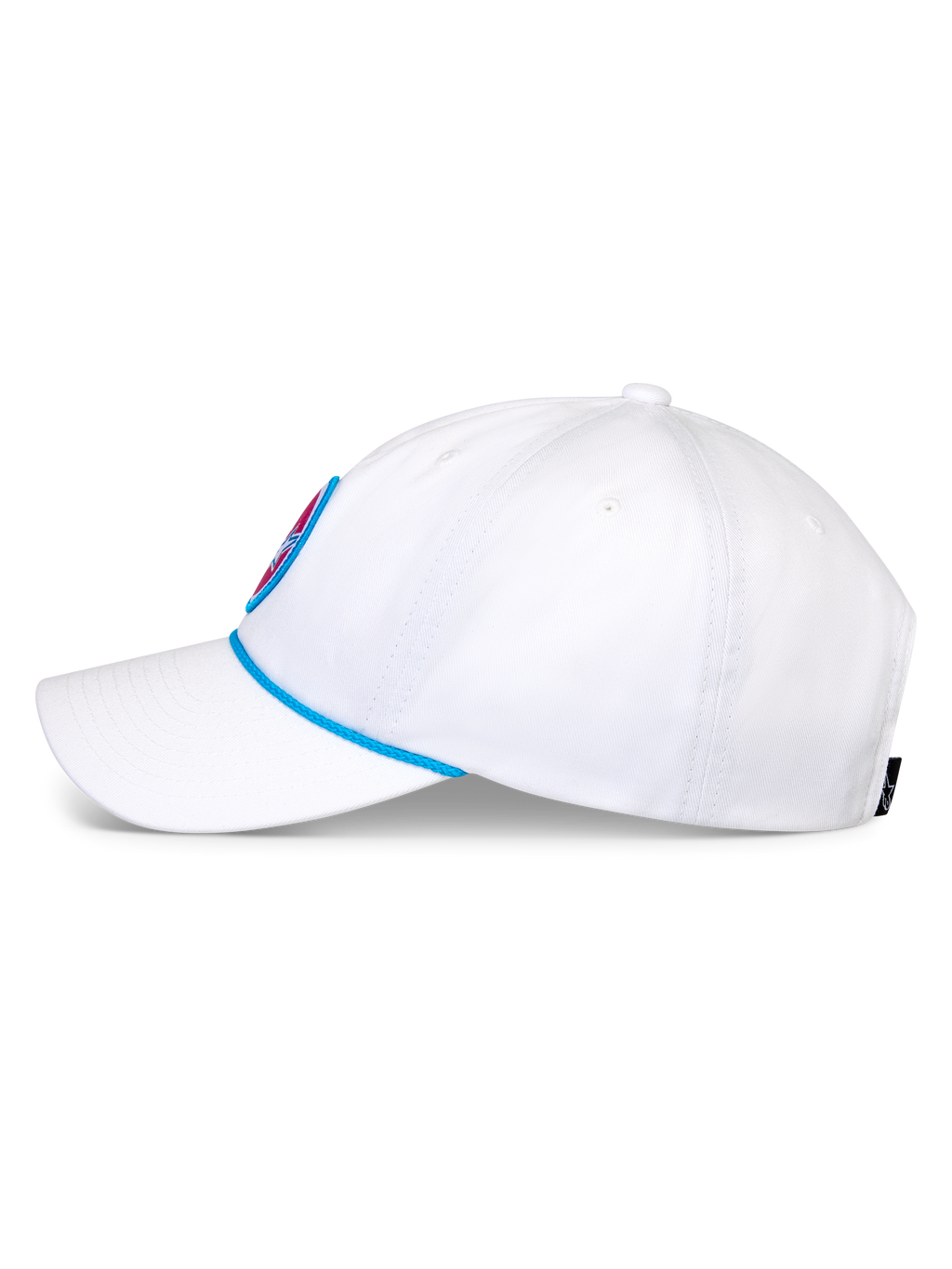 Gorra Alpinestars Calipalm Strapback, gorra de béisbol blanca, vista lateral con visera curva y detalle de cordón azul, corona baja no estructurada de sarga de algodón blanca, accesorio deportivo casual