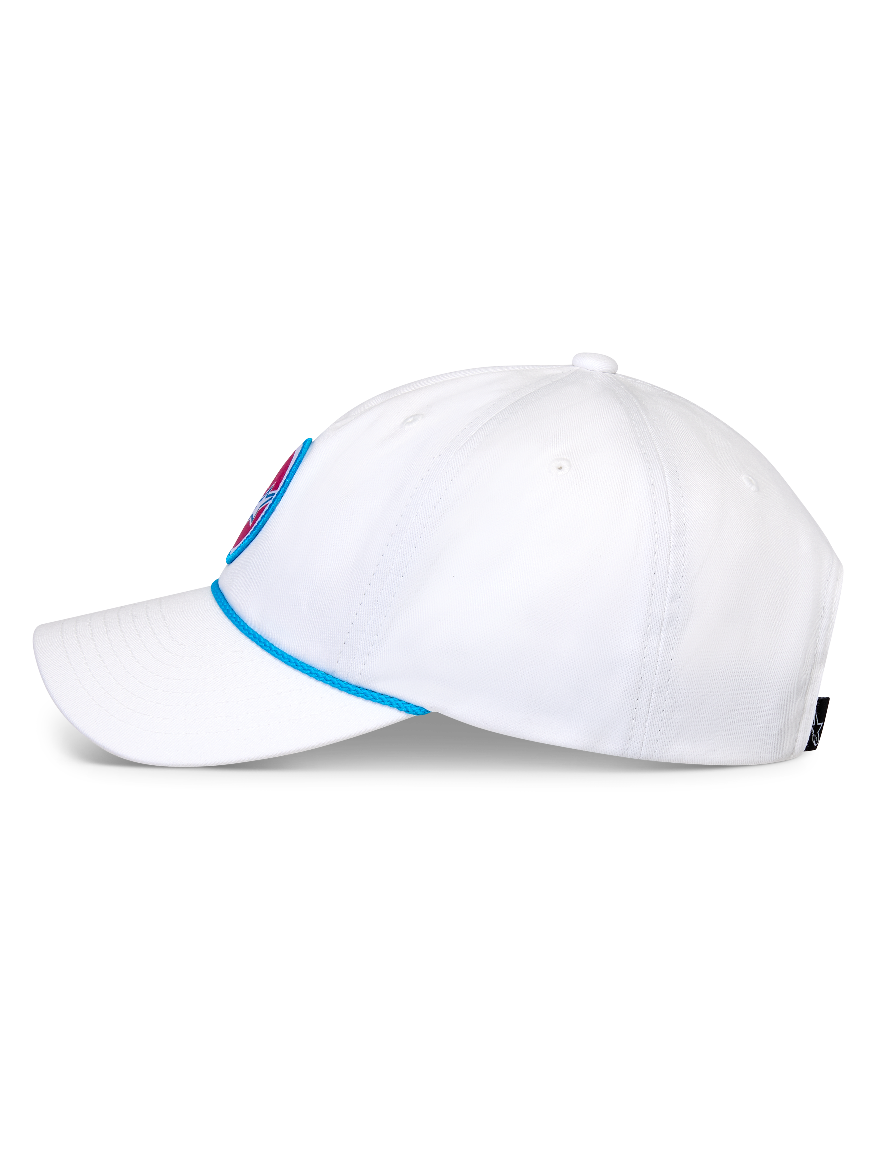 Gorra Alpinestars Calipalm Strapback, gorra de béisbol blanca, vista lateral con visera curva y detalle de cordón azul, corona baja no estructurada de sarga de algodón blanca, accesorio deportivo casual