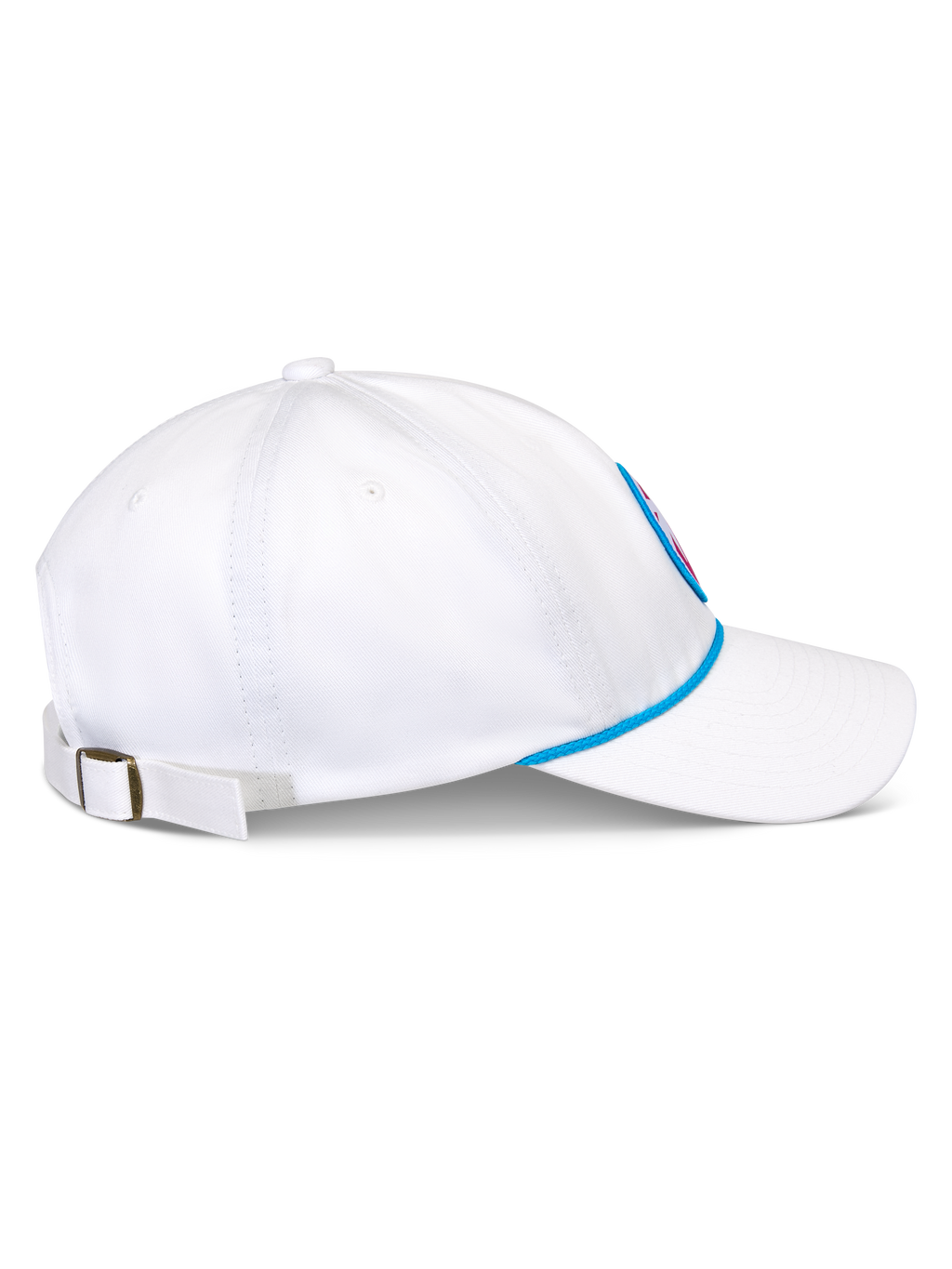 Gorra Strapback Calipalm de Alpinestars, blanca, vista lateral que muestra la visera curva y la corona baja no estructurada, detalle de cordón azul en la base, correa trasera ajustable con hebilla metálica, ropa deportiva casual de sarga de algodón