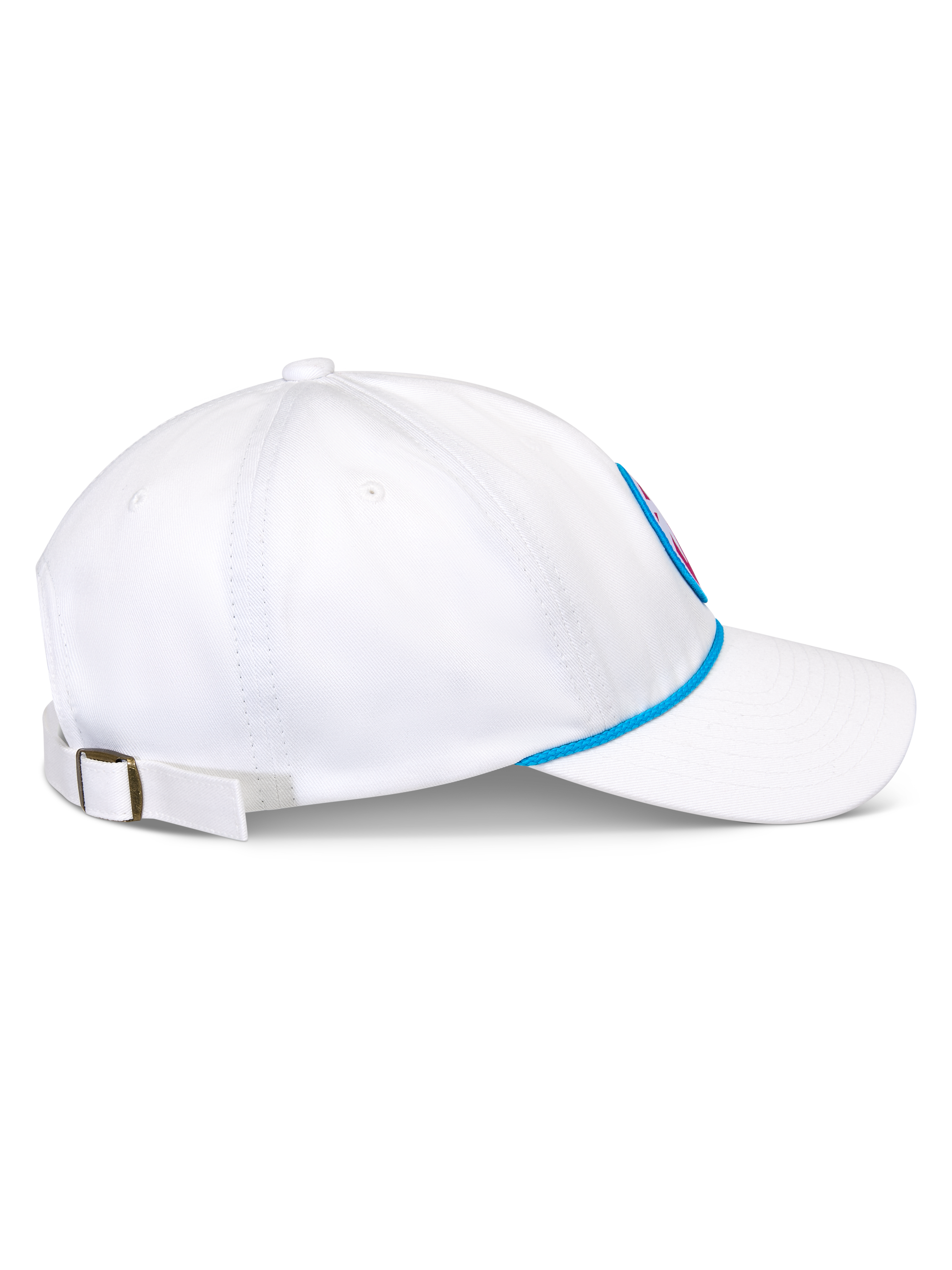 Gorra Strapback Calipalm de Alpinestars, blanca, vista lateral que muestra la visera curva y la corona baja no estructurada, detalle de cordón azul en la base, correa trasera ajustable con hebilla metálica, ropa deportiva casual de sarga de algodón