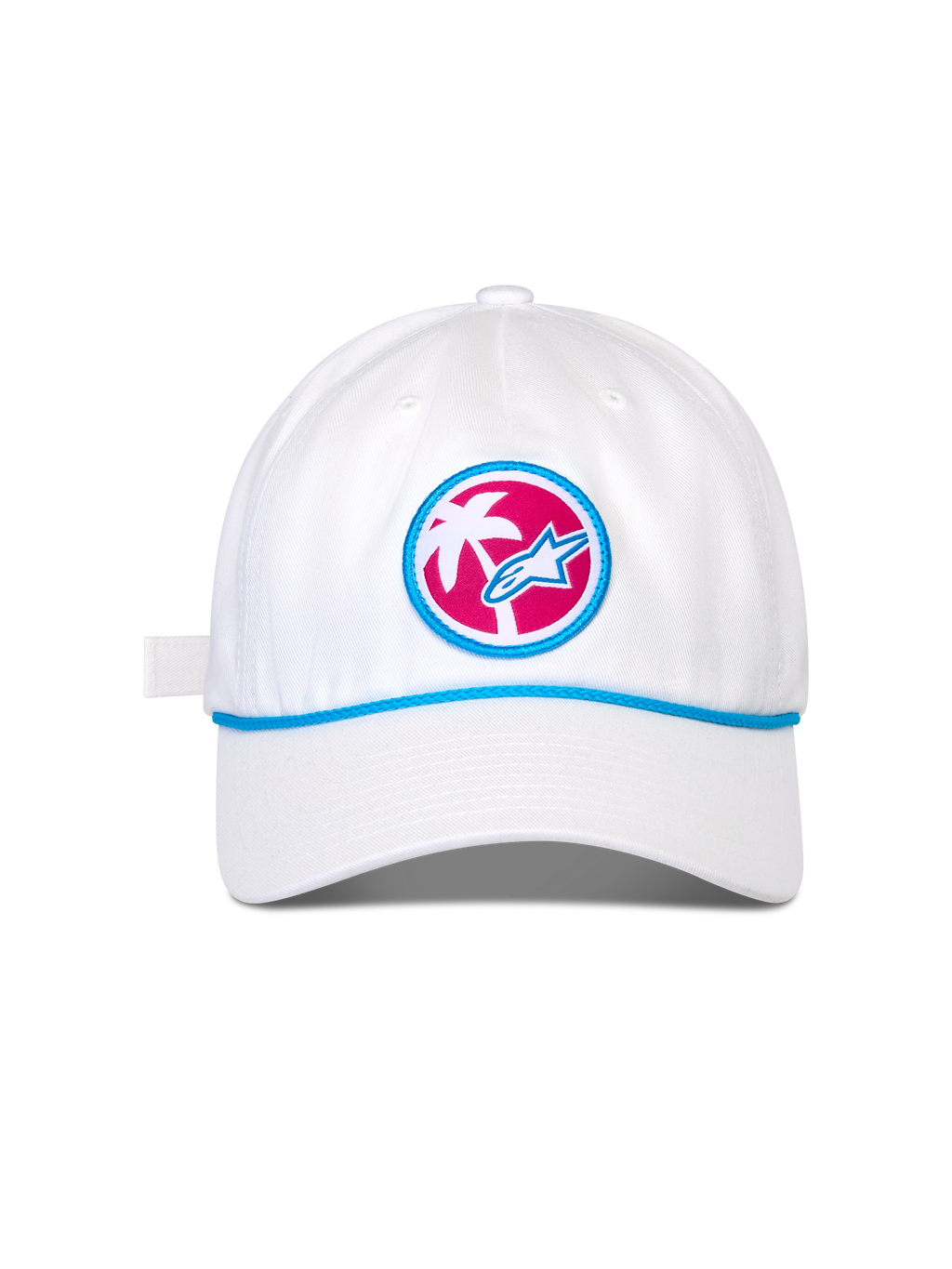 Gorra Alpinestars Calipalm Strapback, gorra de béisbol blanca, visera curva con detalle de cordón azul, parche frontal circular con fondo rosa, palmera blanca y logo Astars azul, accesorio de cabeza deportivo casual