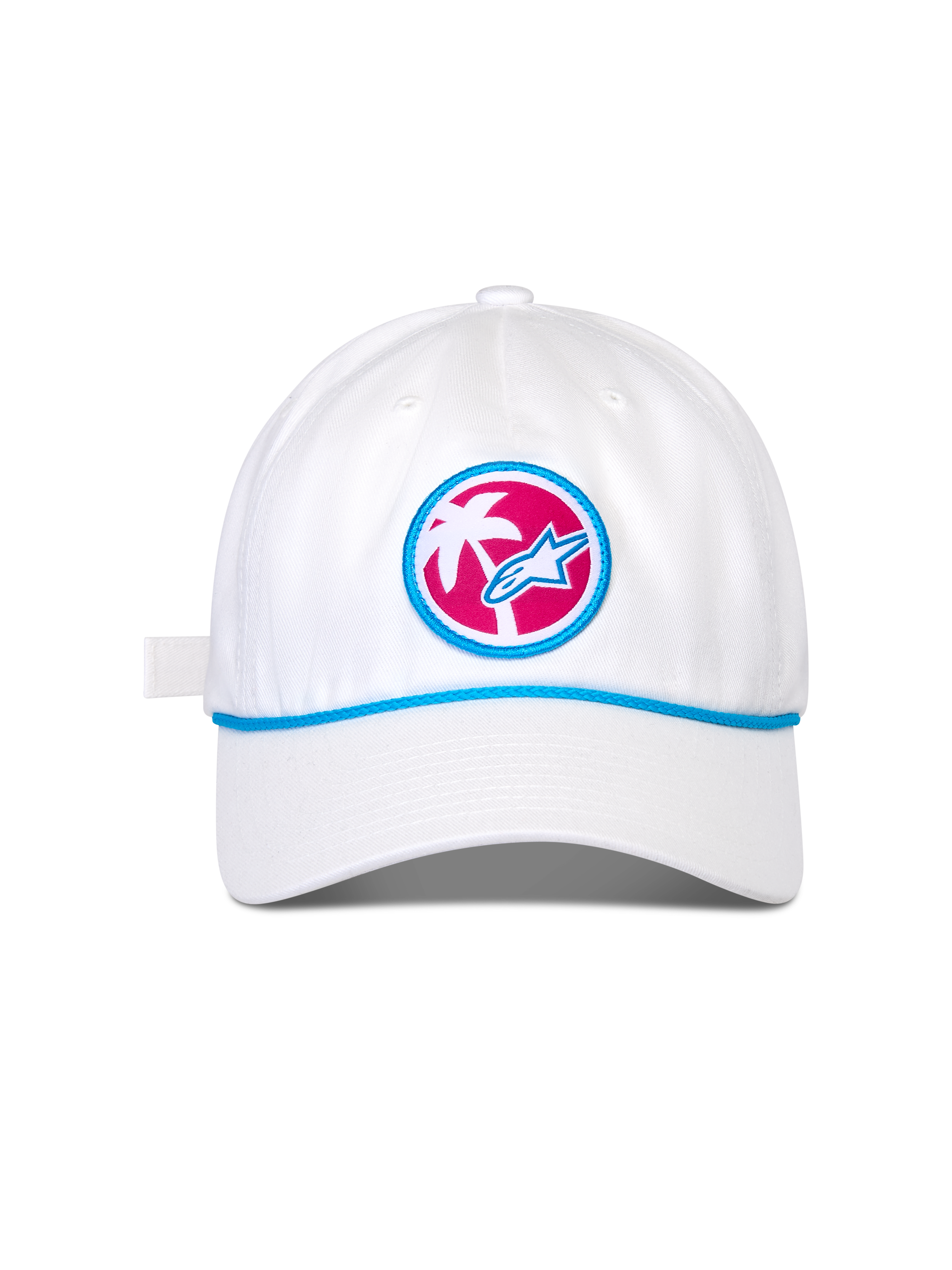 Gorra Alpinestars Calipalm Strapback, gorra de béisbol blanca, visera curva con detalle de cordón azul, parche frontal circular con fondo rosa, palmera blanca y logo Astars azul, accesorio de cabeza deportivo casual