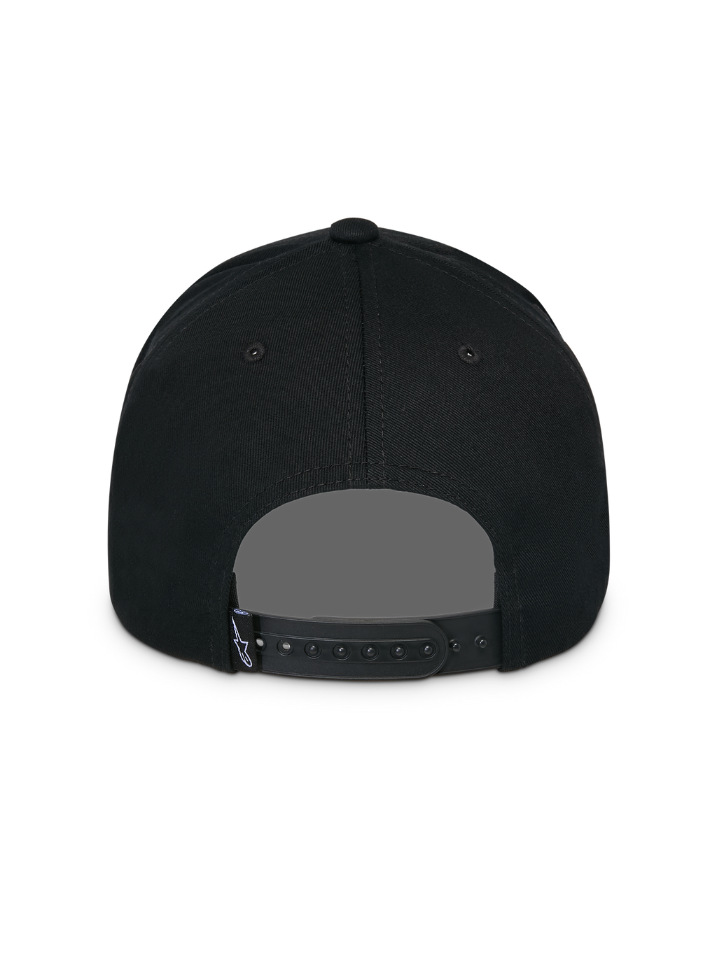 Gorra Snapback Alpinestars Lucid, negra, vista trasera, con cierre snapback ajustable y pequeña etiqueta con el logotipo de Astars, corona estructurada, gorra casual inspirada en el automovilismo