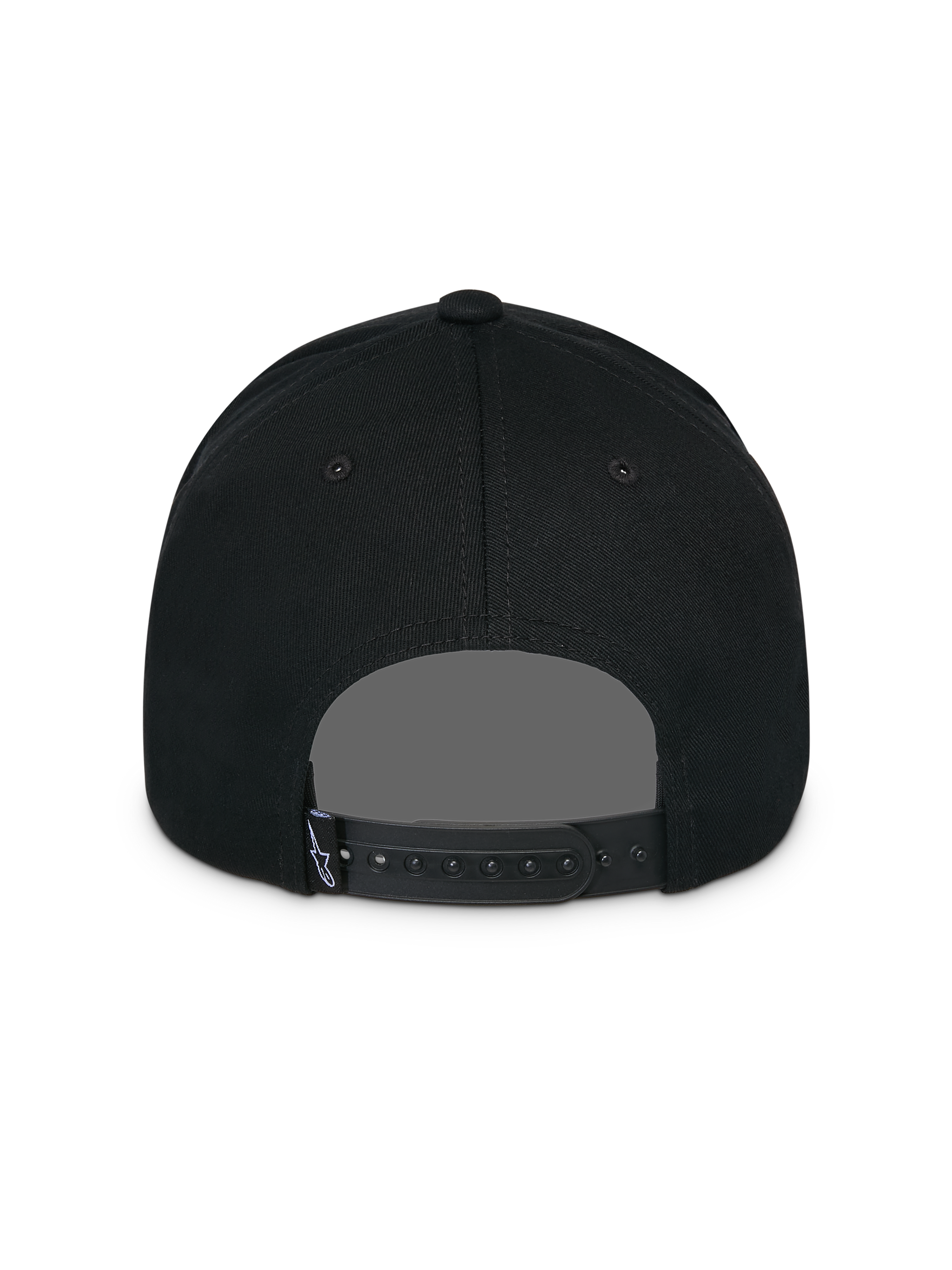Gorra Snapback Alpinestars Lucid, negra, vista trasera, con cierre snapback ajustable y pequeña etiqueta con el logotipo de Astars, corona estructurada, gorra casual inspirada en el automovilismo
