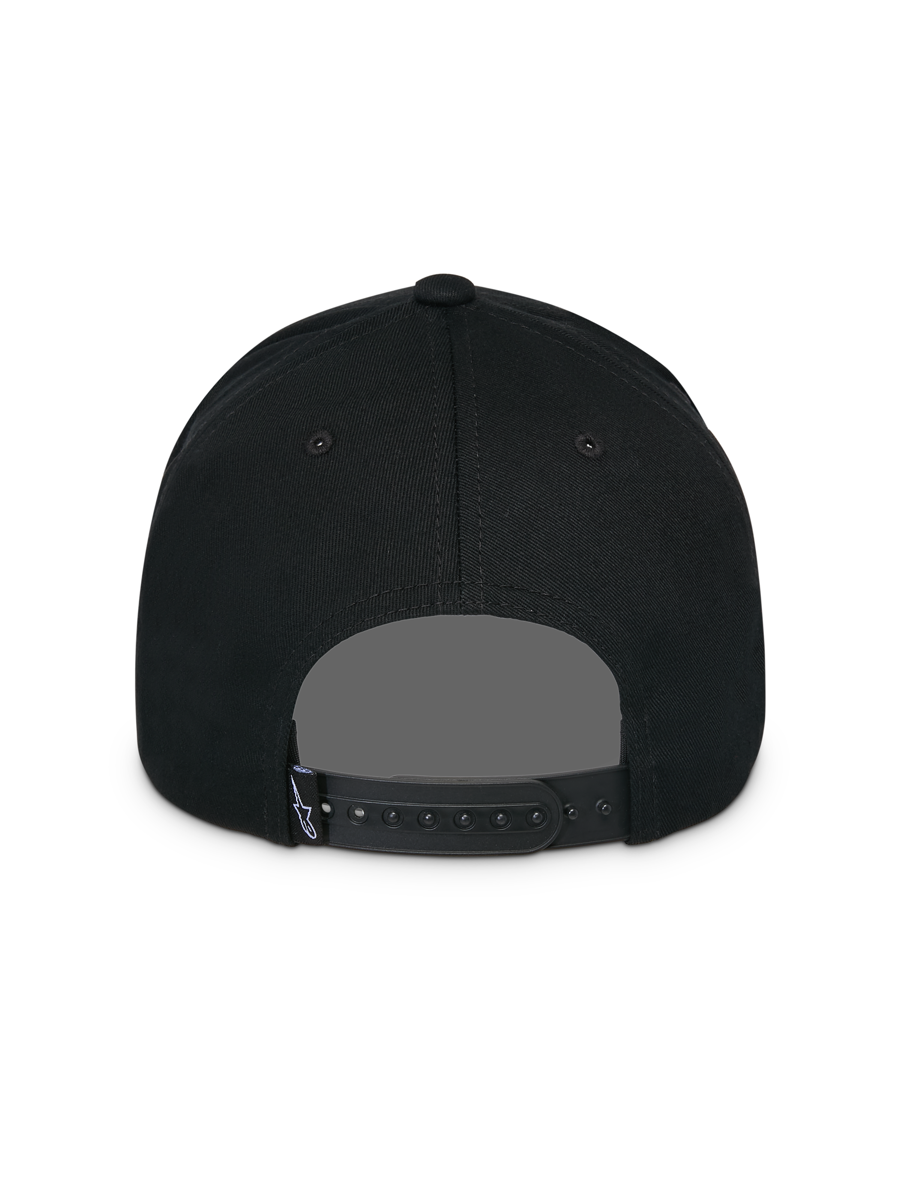Gorra Snapback Alpinestars Lucid, negra, vista trasera, con cierre snapback ajustable y pequeña etiqueta con el logotipo de Astars, corona estructurada, gorra casual inspirada en el automovilismo